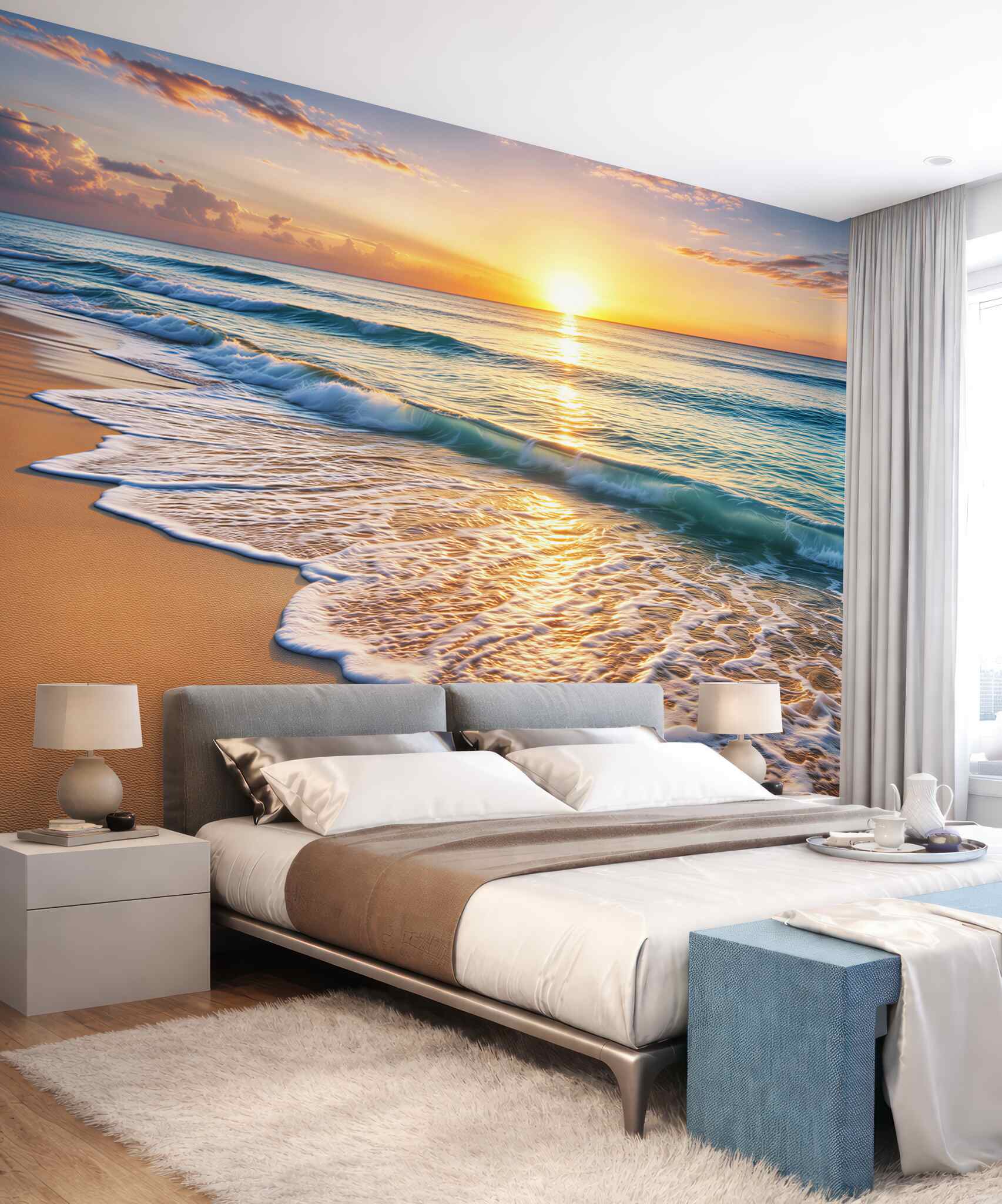 Fototapeta plaża o wschodzie słońca z falami i złotym piaskiem