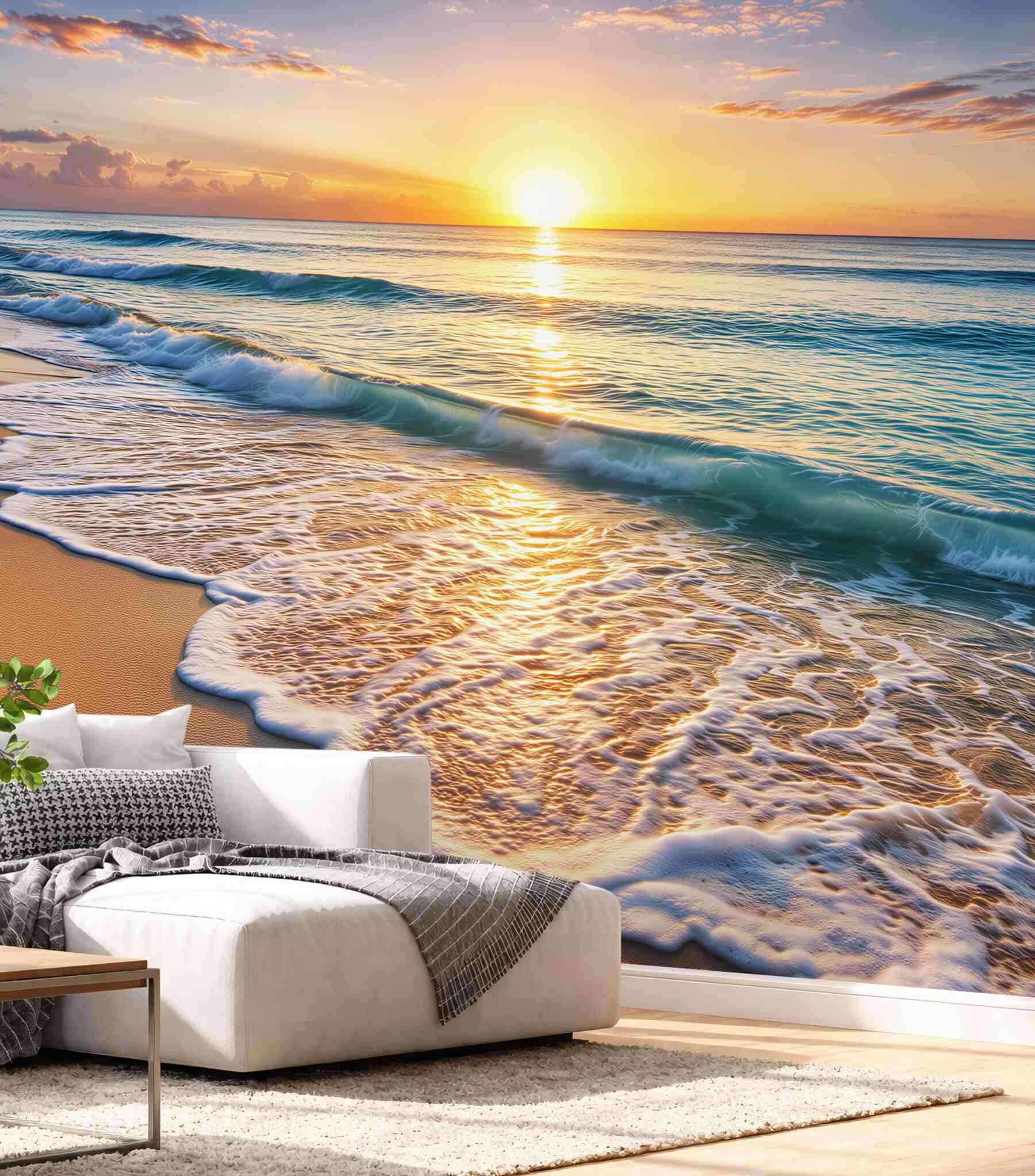 Fototapeta plaża o wschodzie słońca z falami i złotym piaskiem