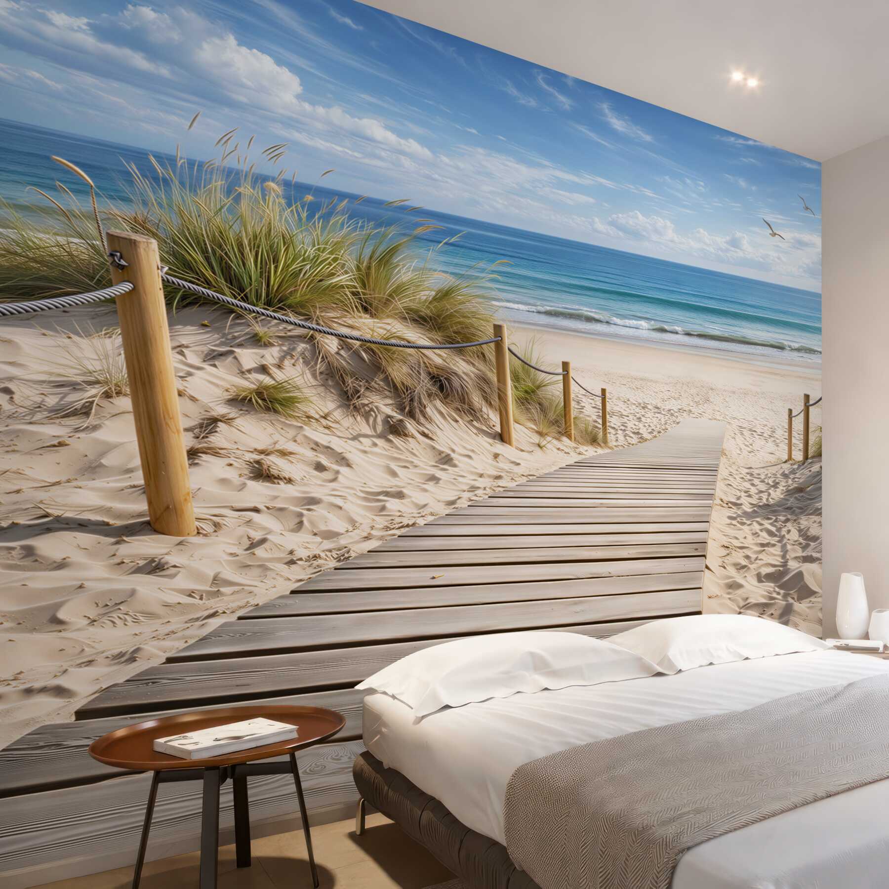 Fototapeta drewniana kładka na plażę z wydmami i błękitnym morzem
