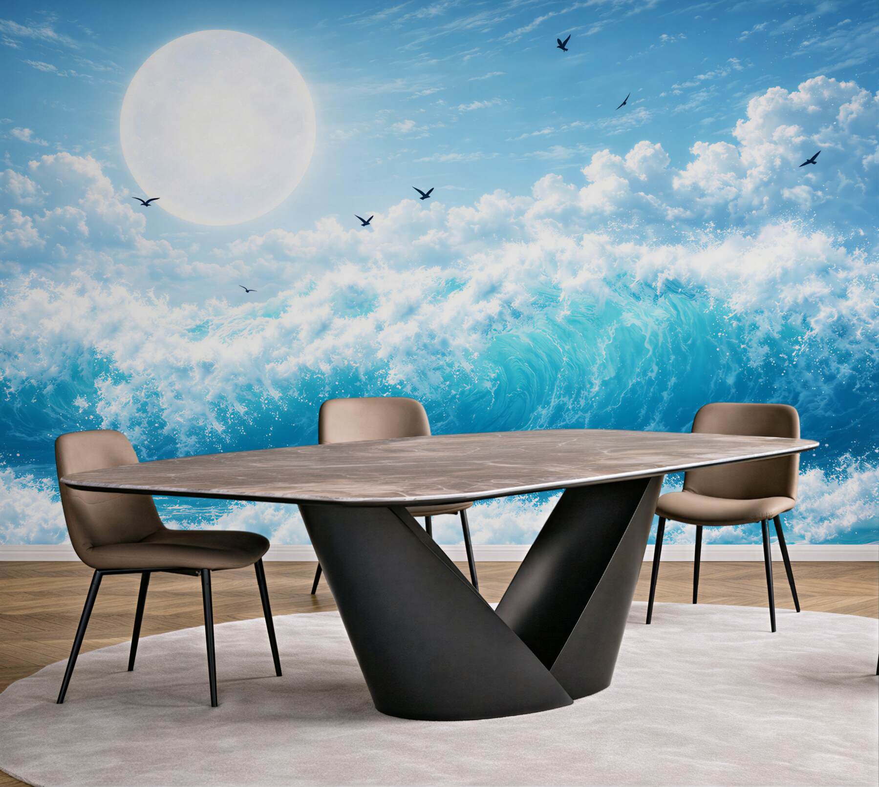 Fototapeta turkusowe fale oceanu z księżycem i ptakami