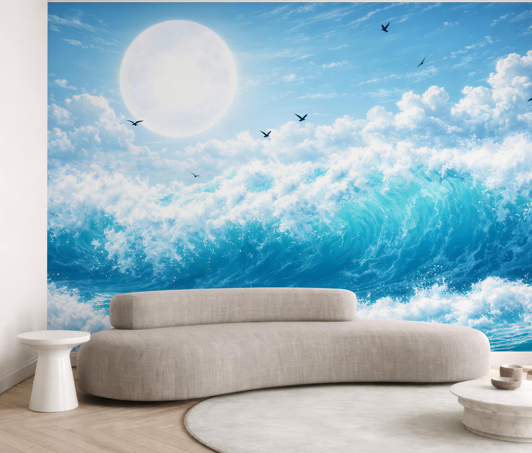Fototapeta turkusowe fale oceanu z księżycem i ptakami
