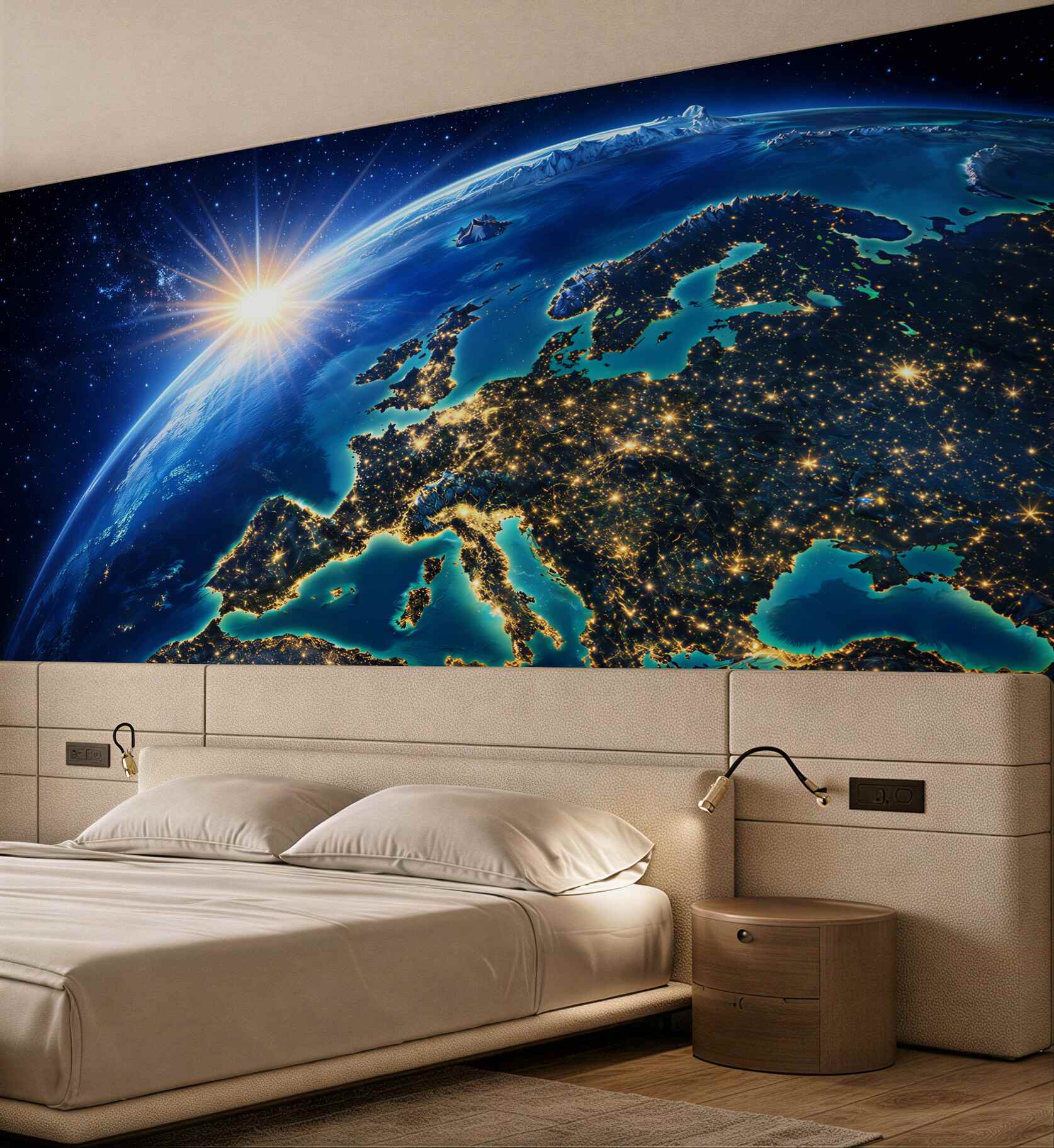 Fototapeta Ziemia z kosmosu Europa nocą i wschód słońca