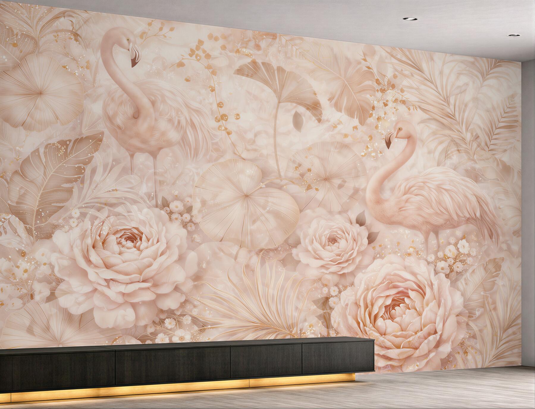 Fototapeta flamingi i kwiaty pudrowy beż w eleganckim stylu glamour