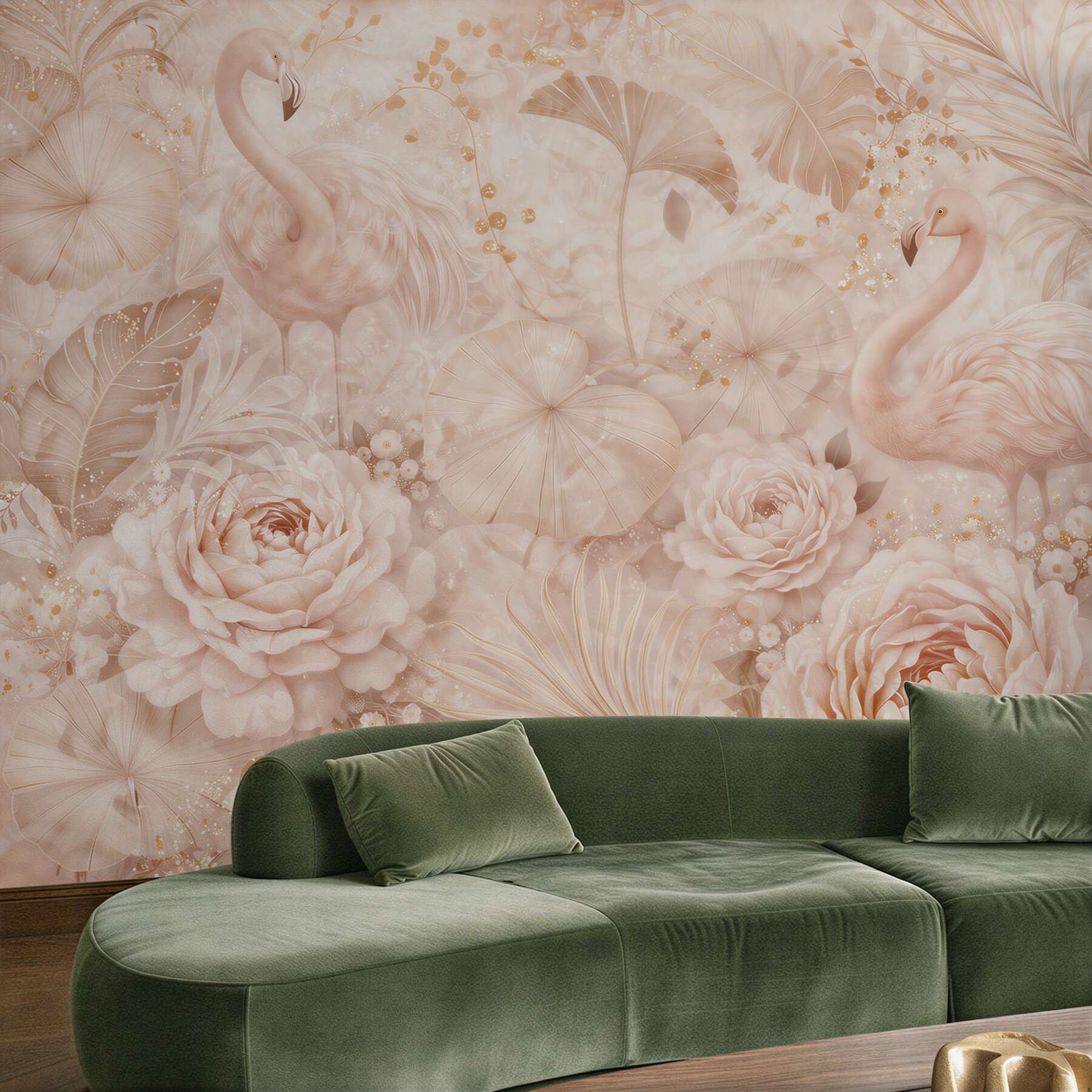 Fototapeta flamingi i kwiaty pudrowy beż w eleganckim stylu glamour