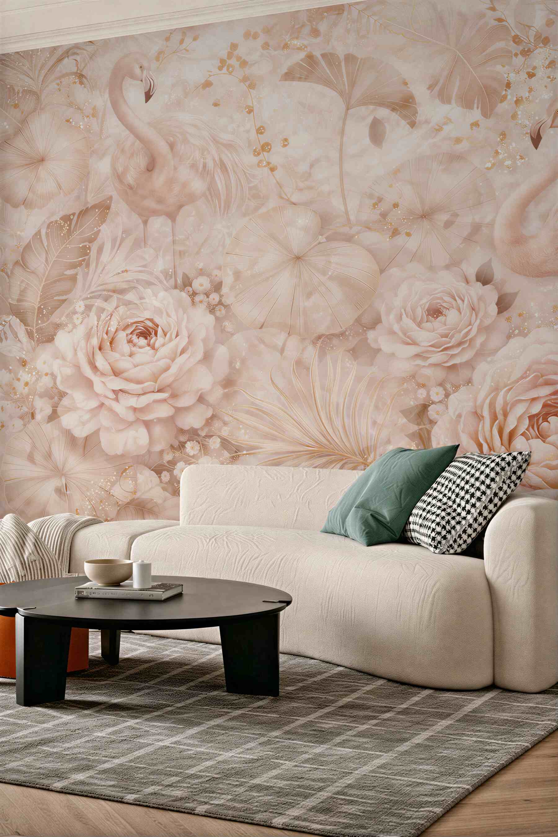 Fototapeta flamingi i kwiaty pudrowy beż w eleganckim stylu glamour