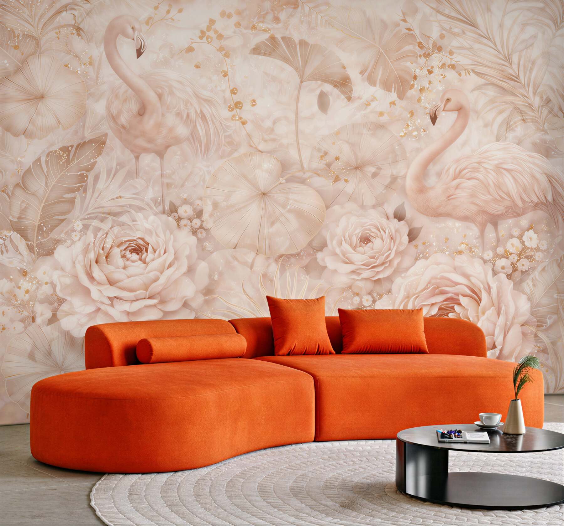 Fototapeta flamingi i kwiaty pudrowy beż w eleganckim stylu glamour