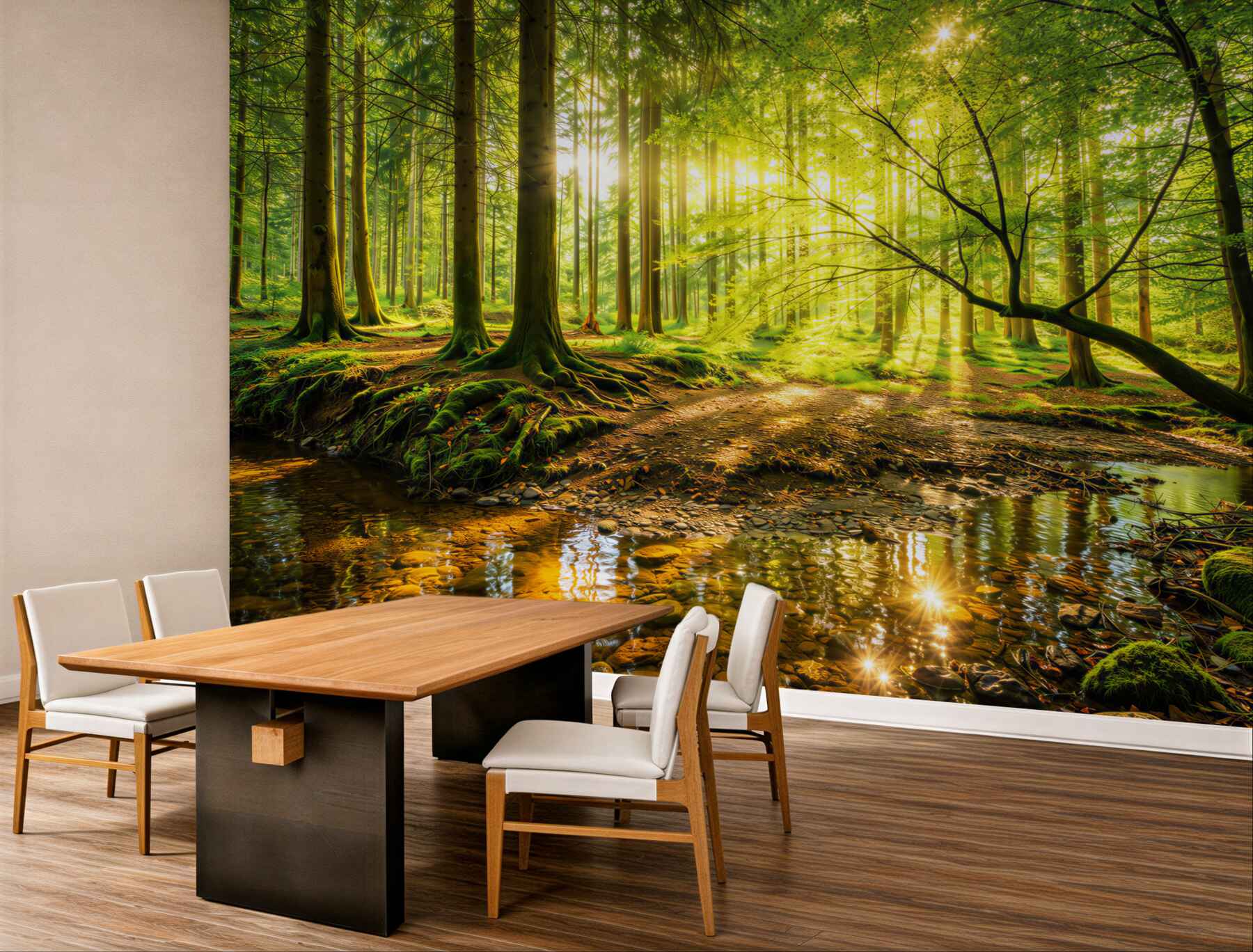 Fototapeta zielony las ze słońcem i strumieniem relaksująca natura