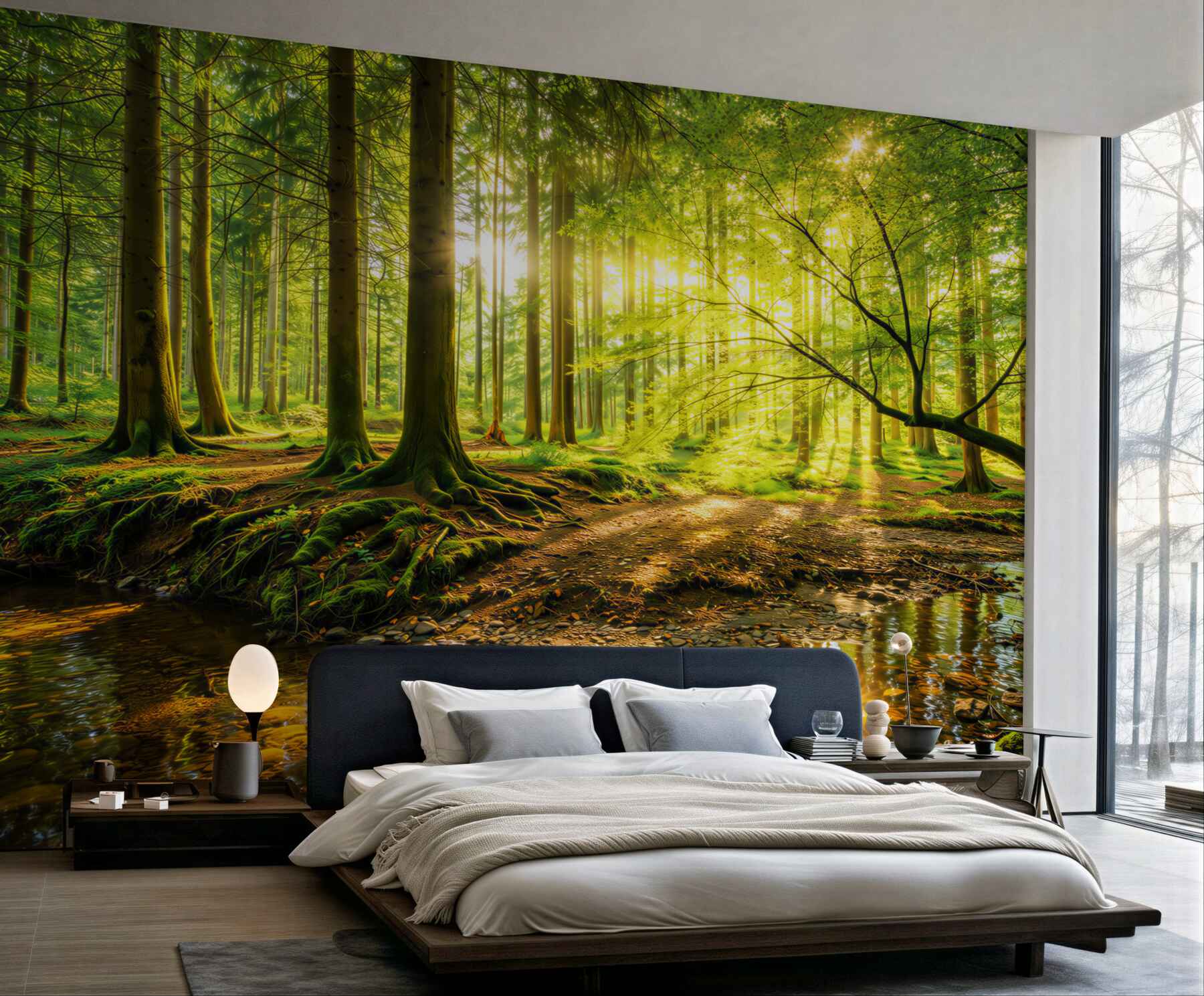 Fototapeta zielony las ze słońcem i strumieniem relaksująca natura