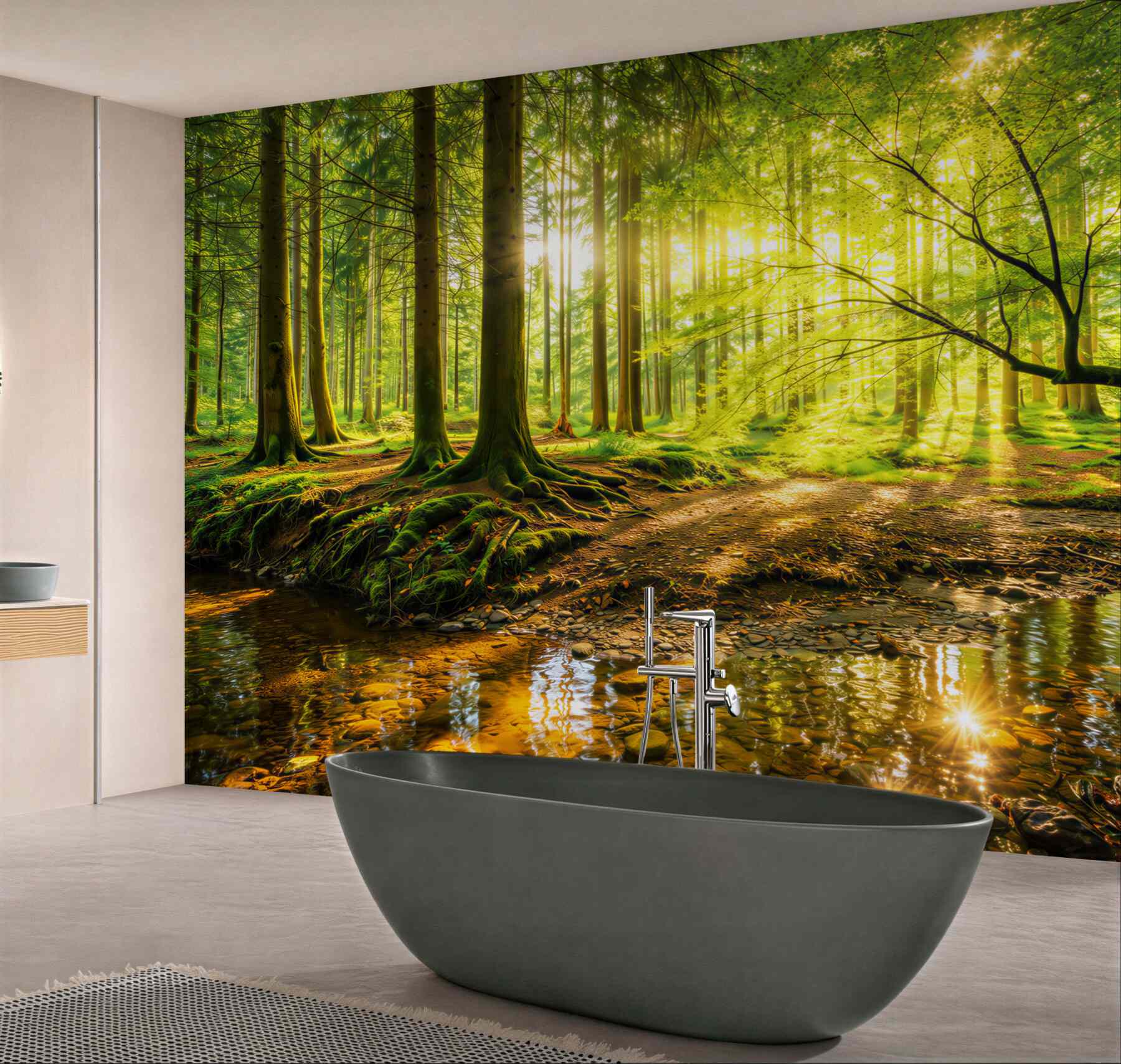 Fototapeta zielony las ze słońcem i strumieniem relaksująca natura