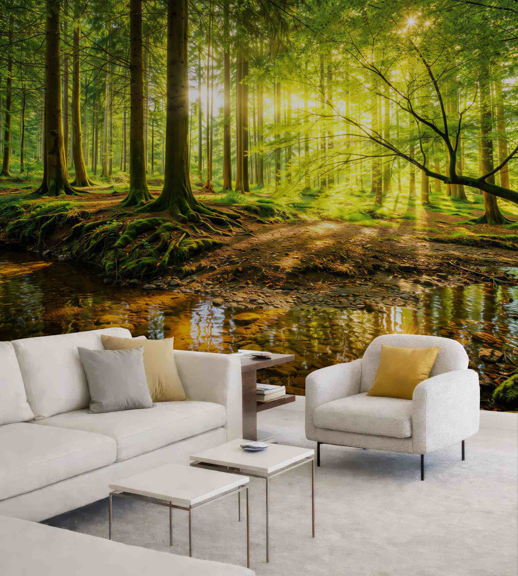 Fototapeta zielony las ze słońcem i strumieniem relaksująca natura