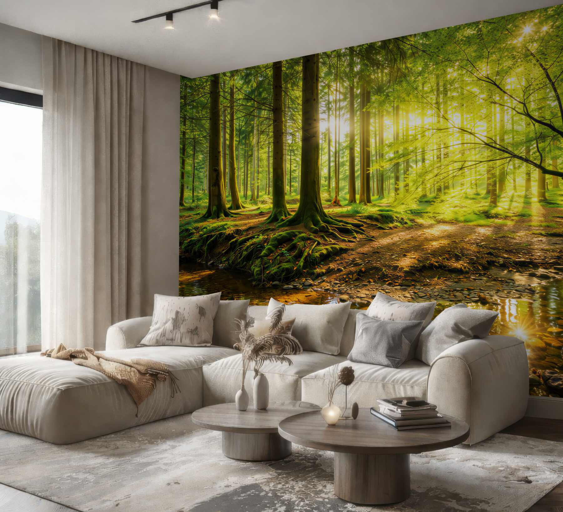 Fototapeta zielony las ze słońcem i strumieniem relaksująca natura