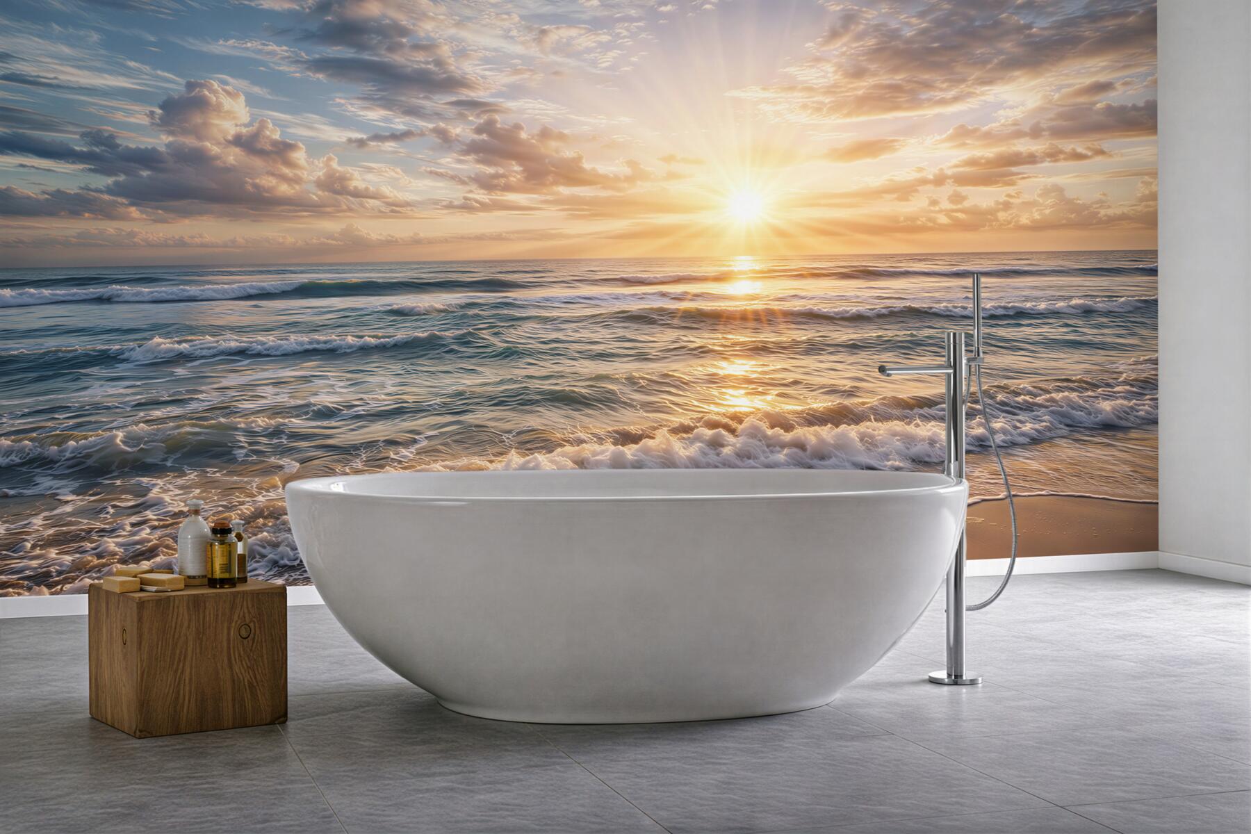 Fototapeta wschód słońca nad morzem i piaszczystą plażą