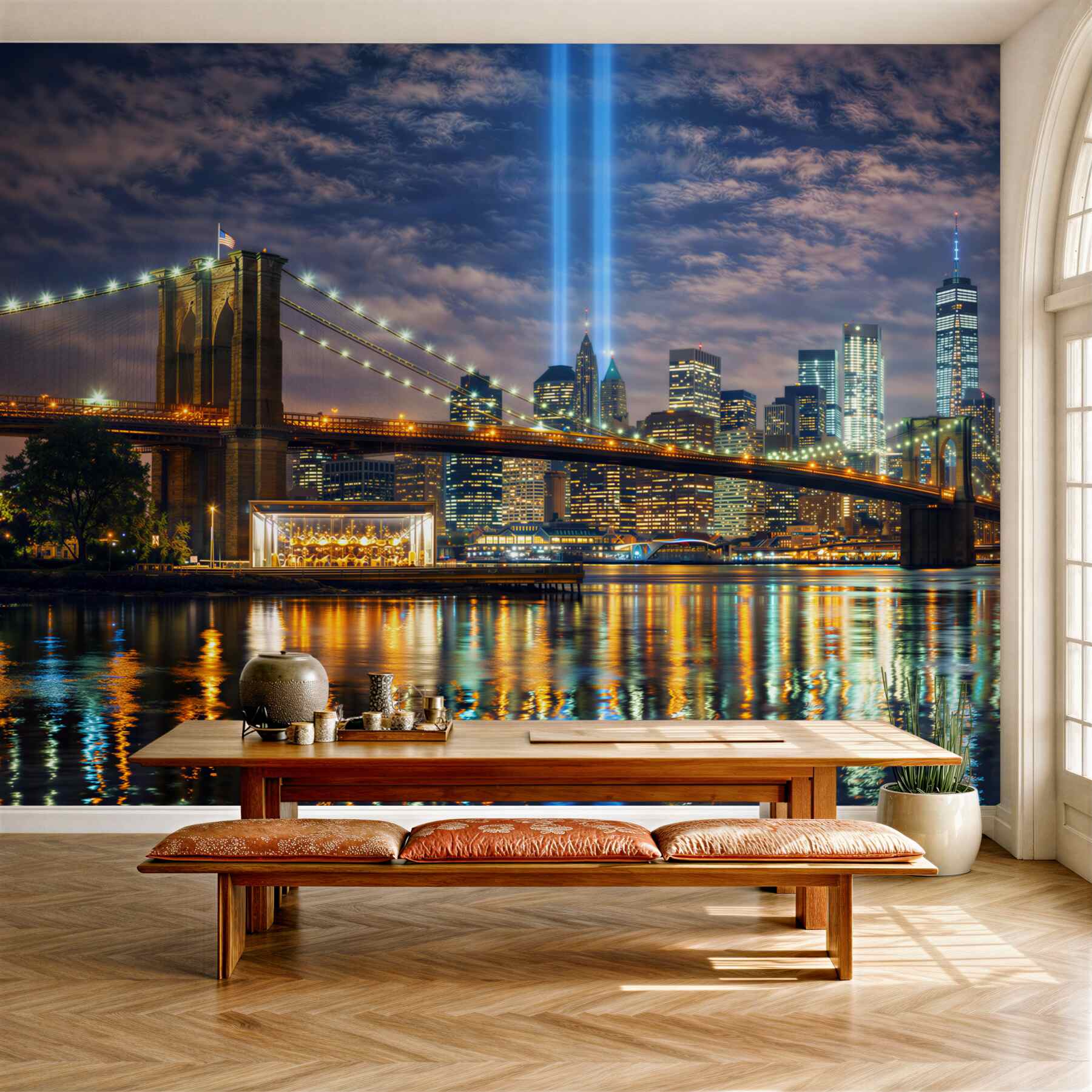 Fototapeta nocny Nowy Jork z mostem Brooklyn i panoramą miasta