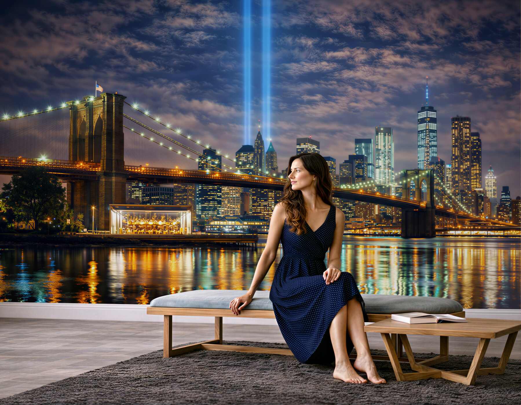 Fototapeta nocny Nowy Jork z mostem Brooklyn i panoramą miasta