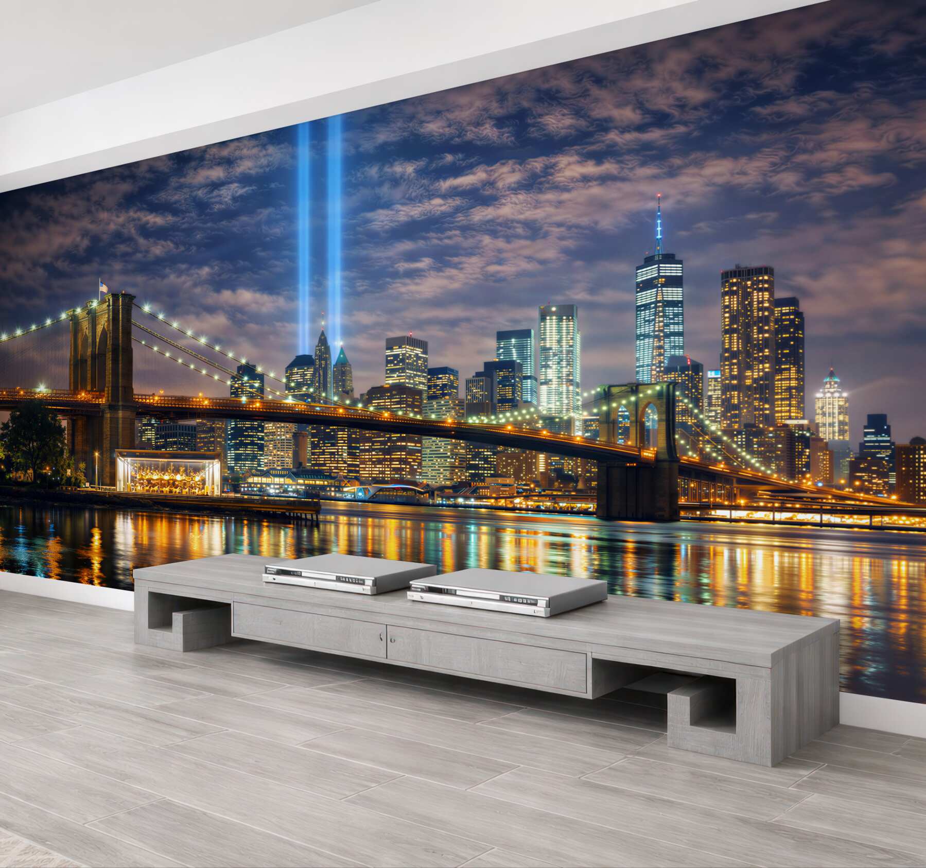 Fototapeta nocny Nowy Jork z mostem Brooklyn i panoramą miasta
