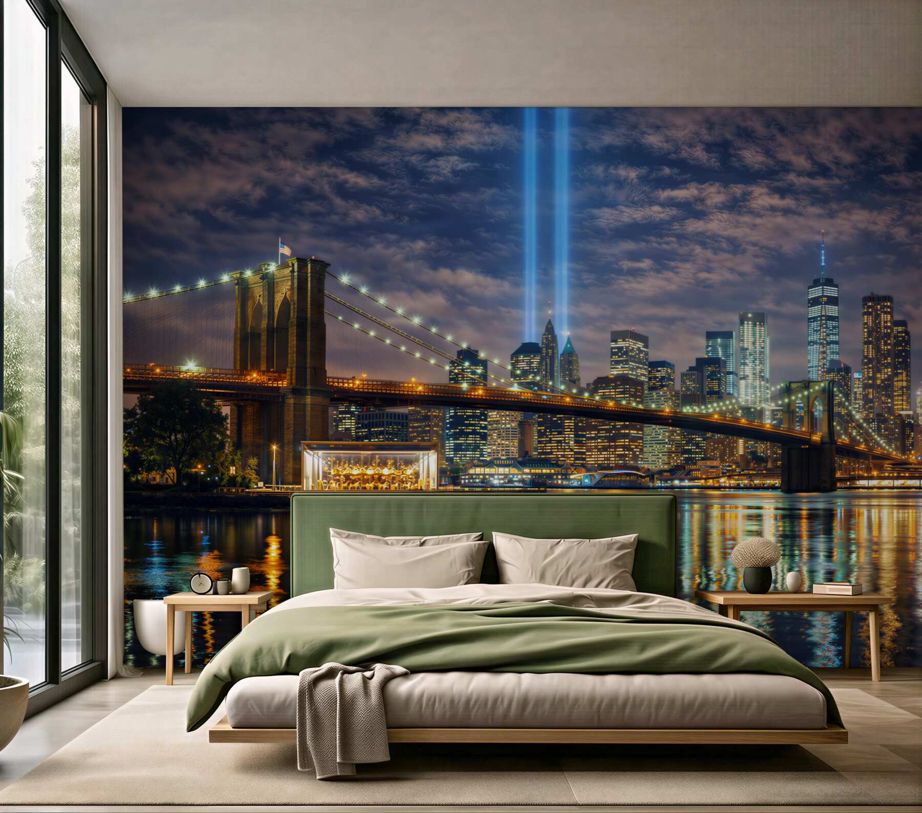 Fototapeta nocny Nowy Jork z mostem Brooklyn i panoramą miasta