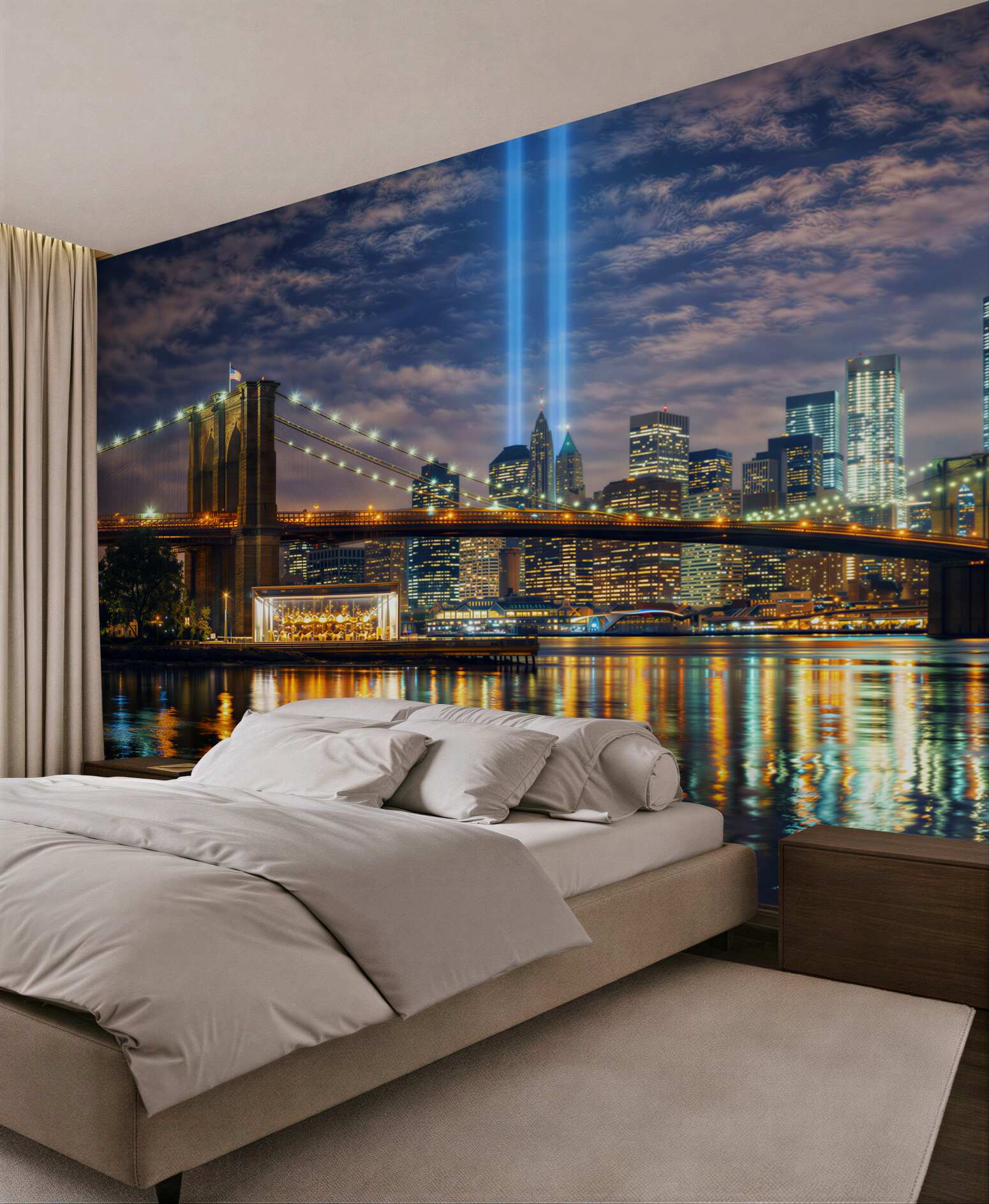 Fototapeta nocny Nowy Jork z mostem Brooklyn i panoramą miasta