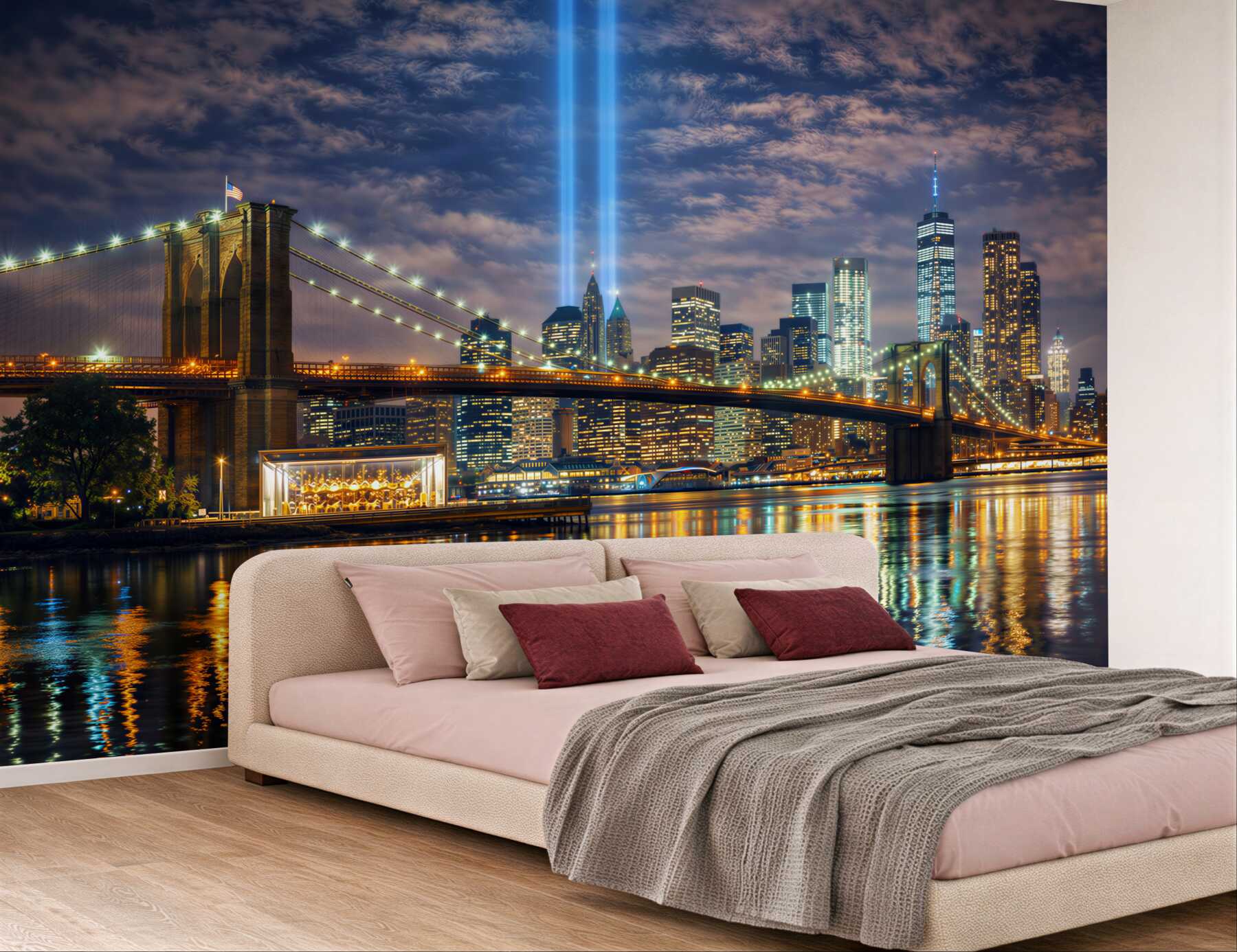 Fototapeta nocny Nowy Jork z mostem Brooklyn i panoramą miasta