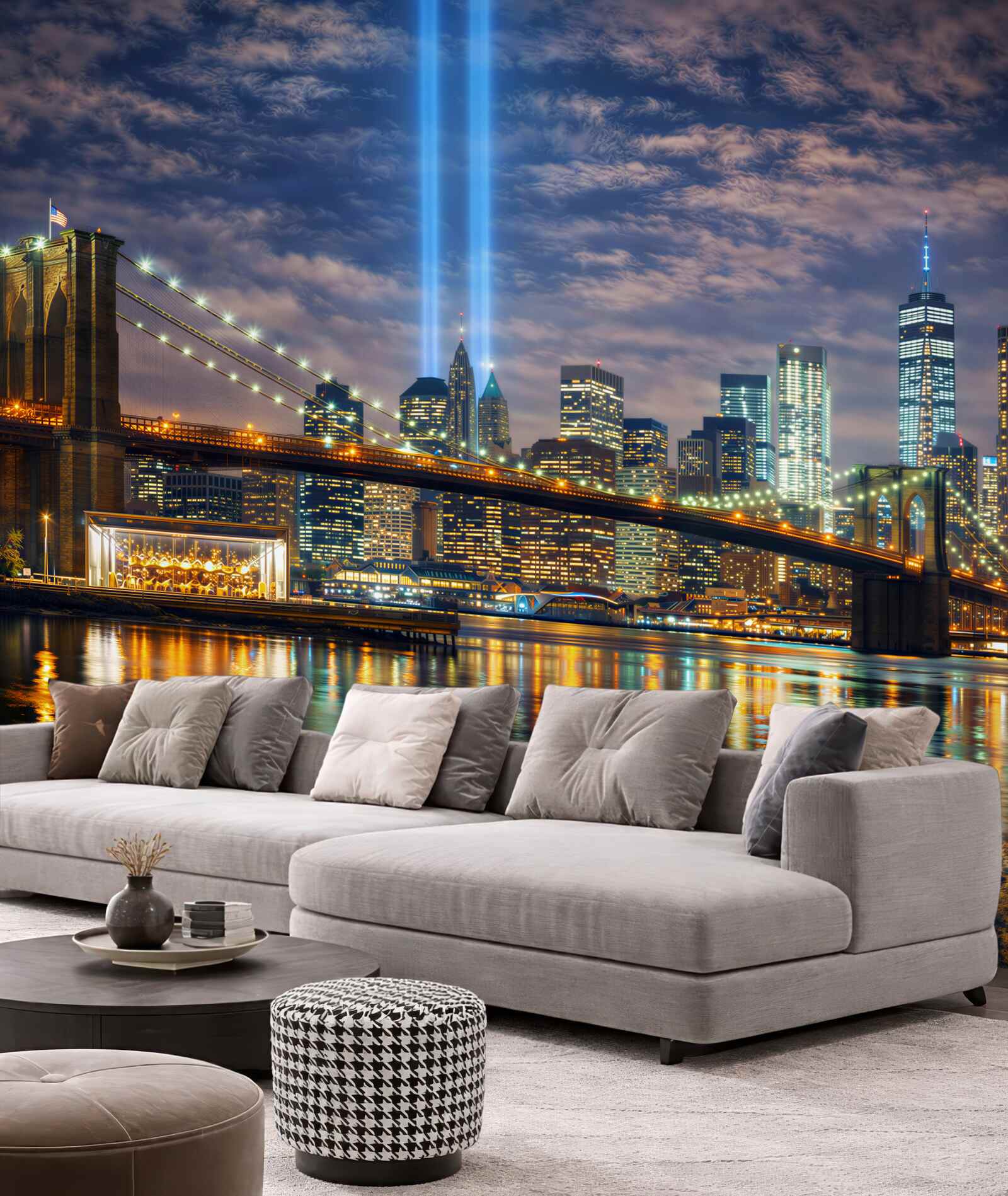 Fototapeta nocny Nowy Jork z mostem Brooklyn i panoramą miasta