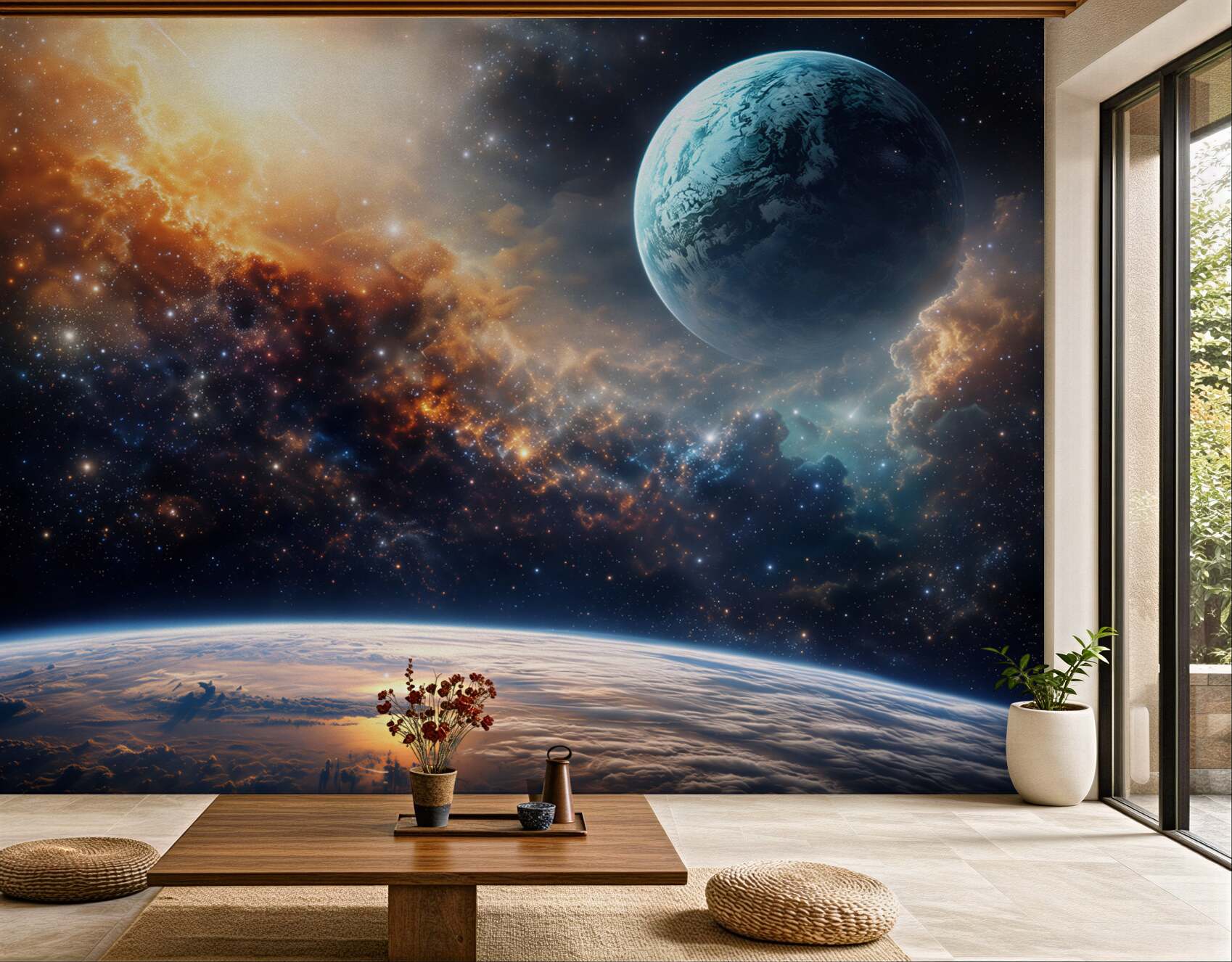 Fototapeta kosmos z planetą i gwiazdami wśród mgławic