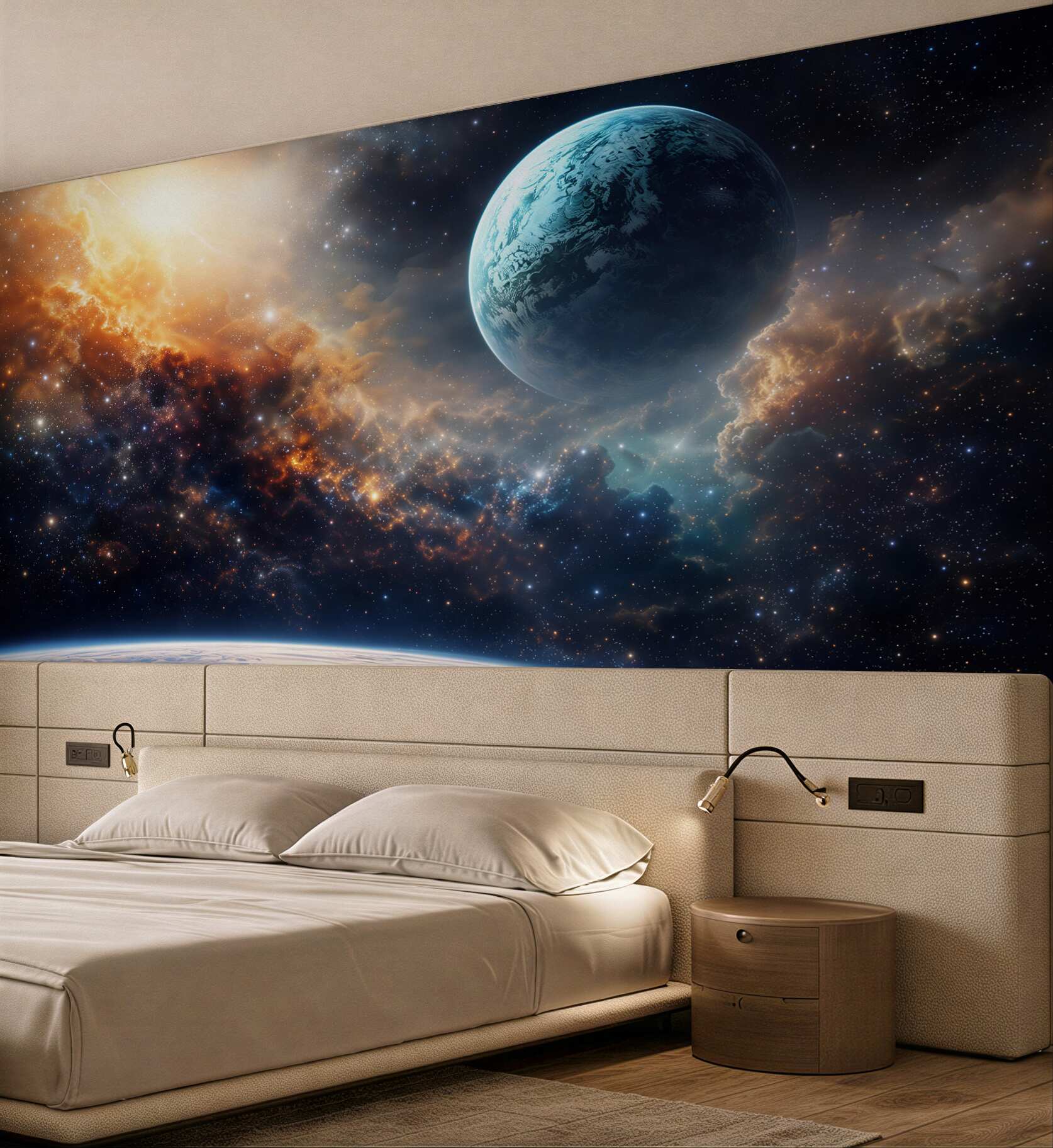 Fototapeta kosmos z planetą i gwiazdami wśród mgławic