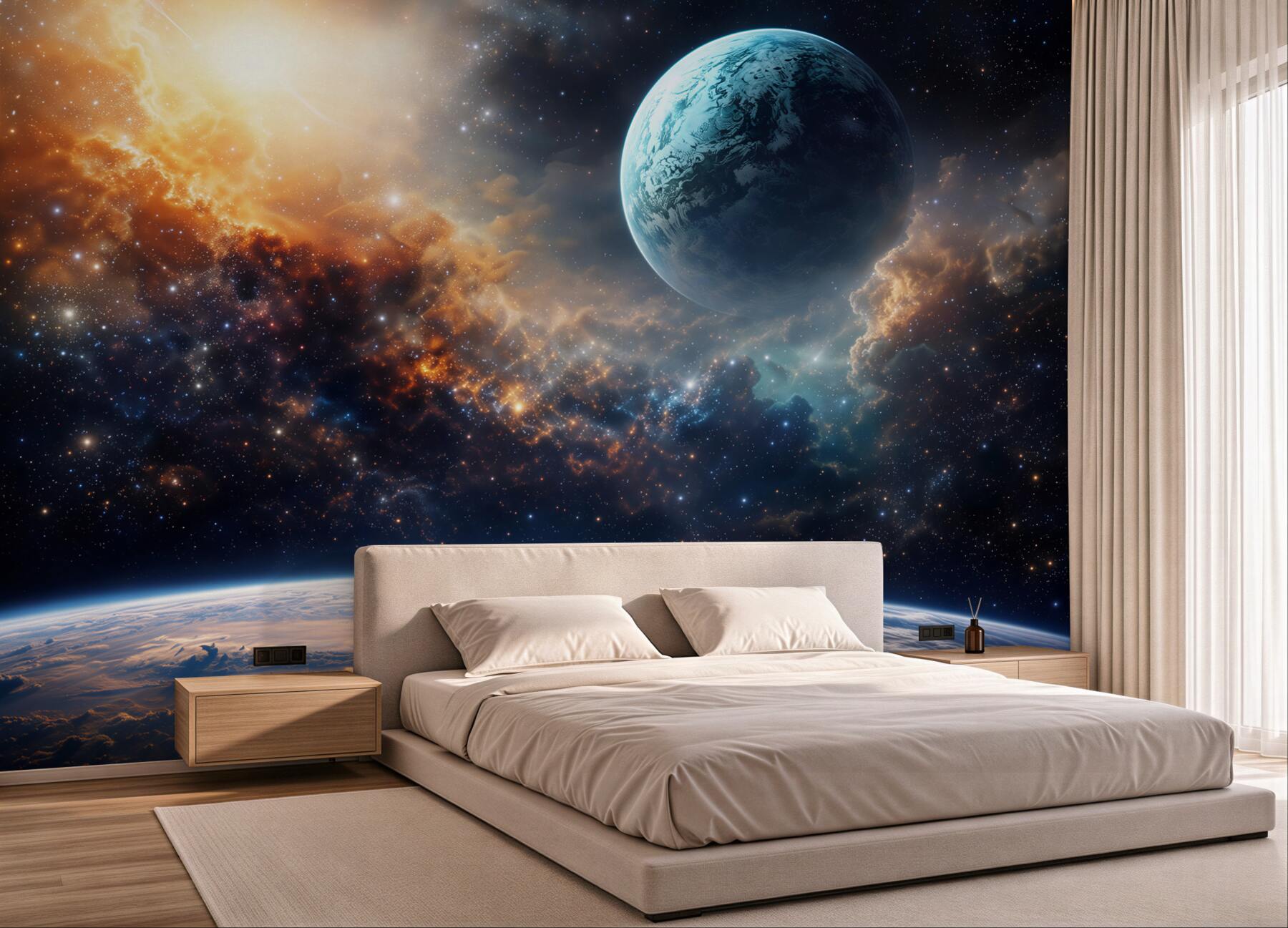 Fototapeta kosmos z planetą i gwiazdami wśród mgławic