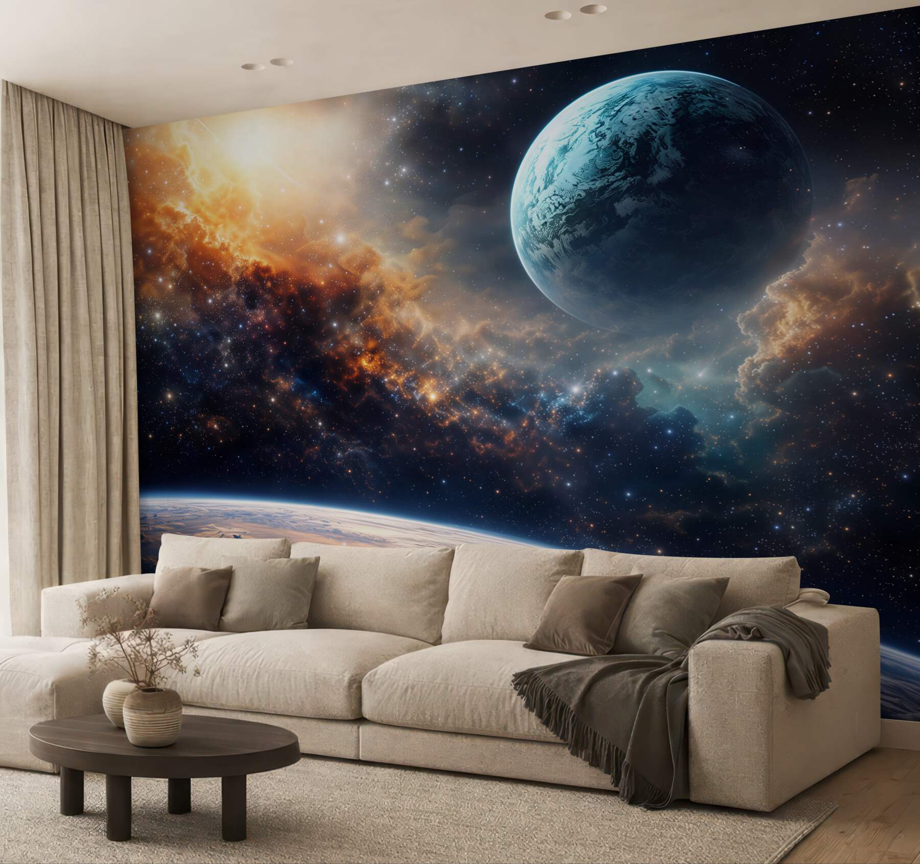 Fototapeta kosmos z planetą i gwiazdami wśród mgławic