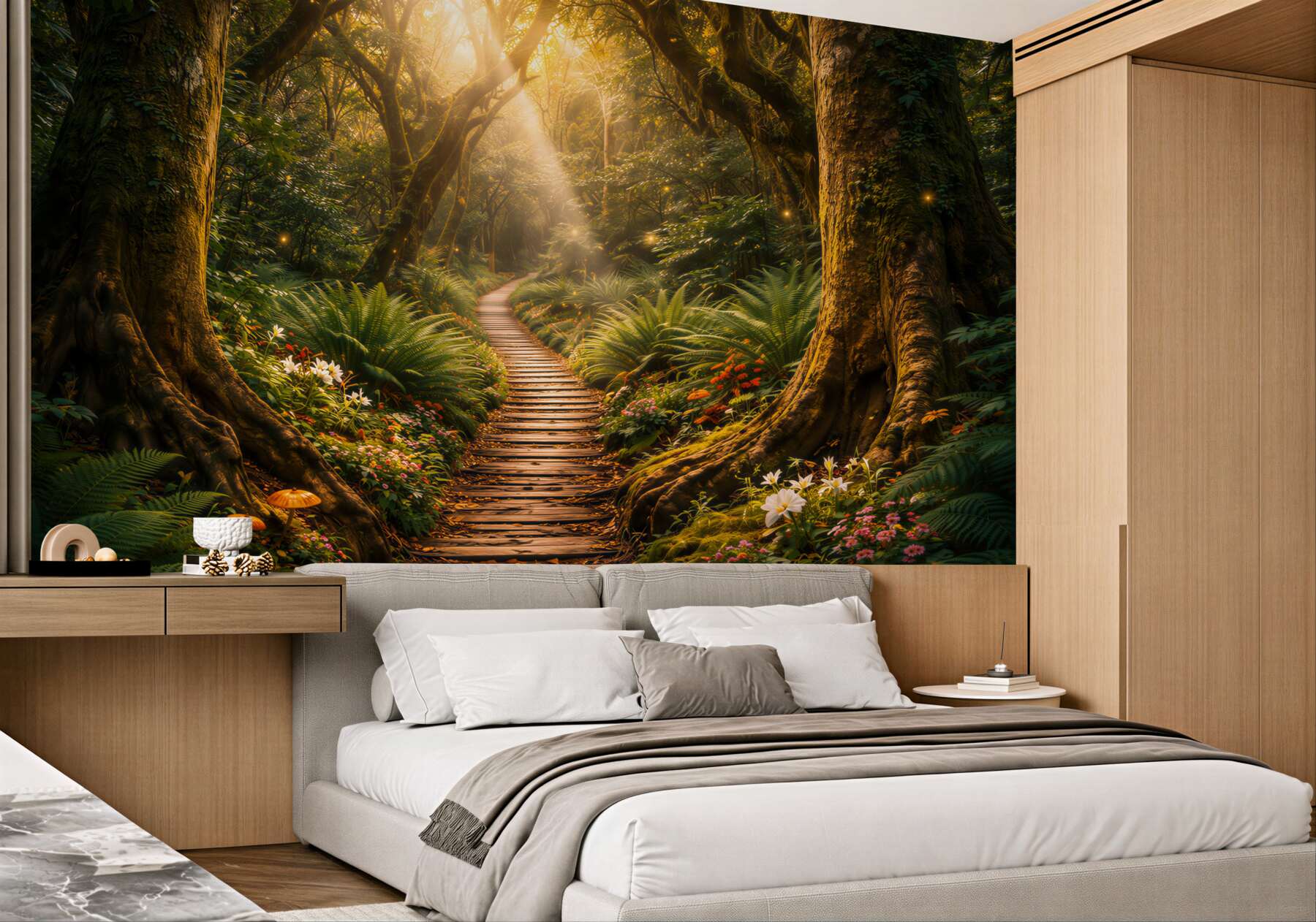 Fototapeta magiczna leśna ścieżka wśród kwiatów i starych drzew