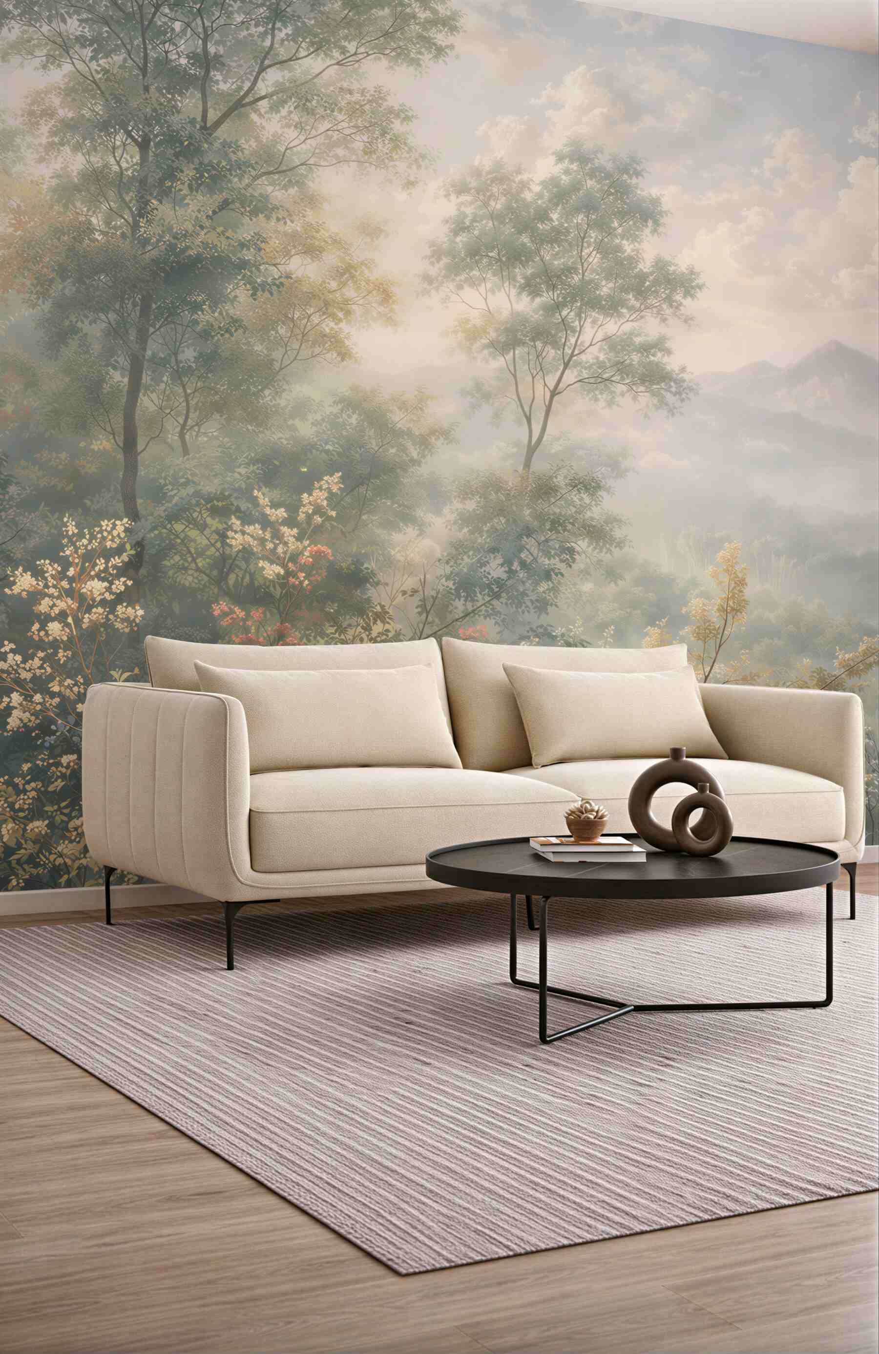 Fototapeta mglisty leśny krajobraz z górami w pastelowych barwach