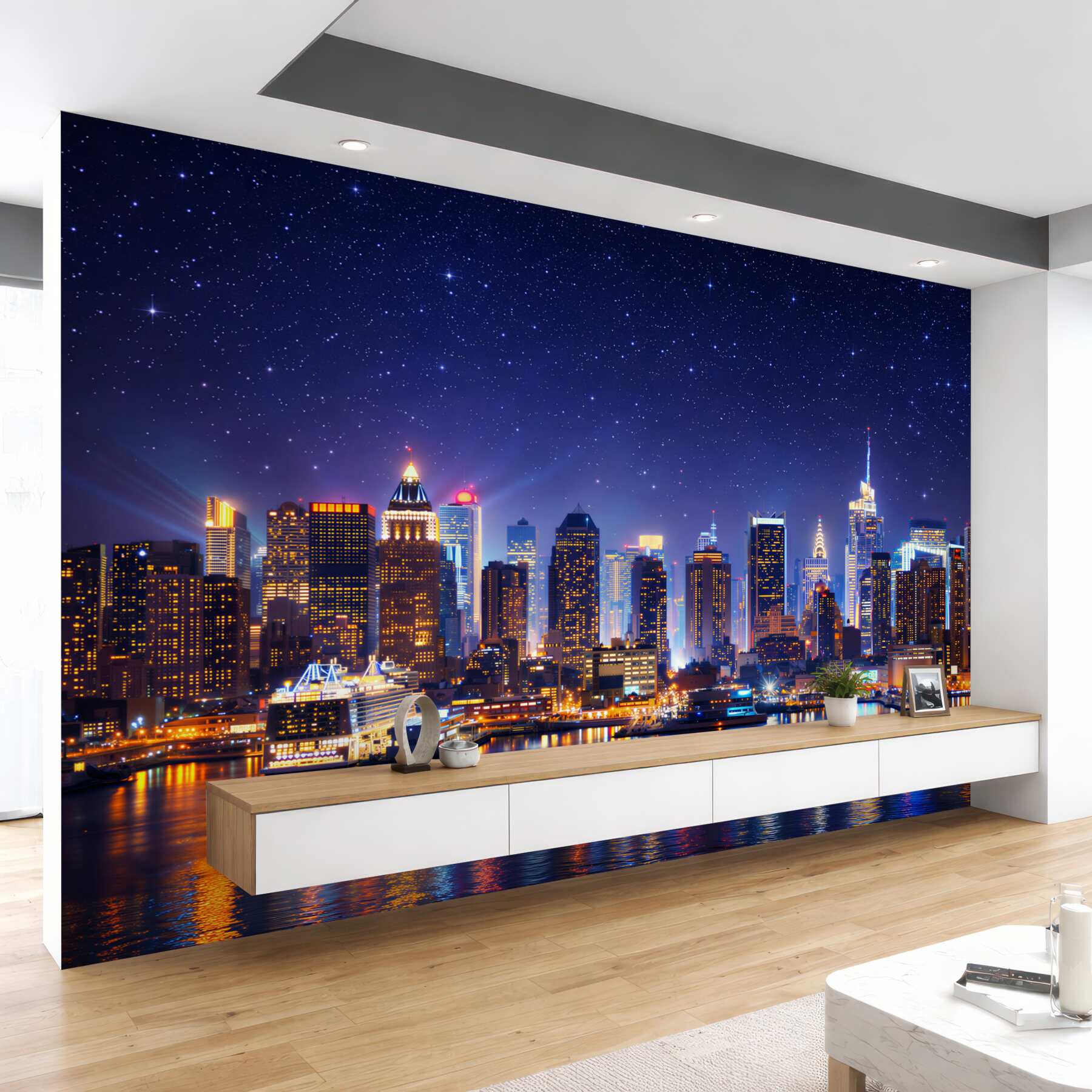 Fototapeta panorama miasta nocą z gwiaździstym niebem i odbiciem w wodzie