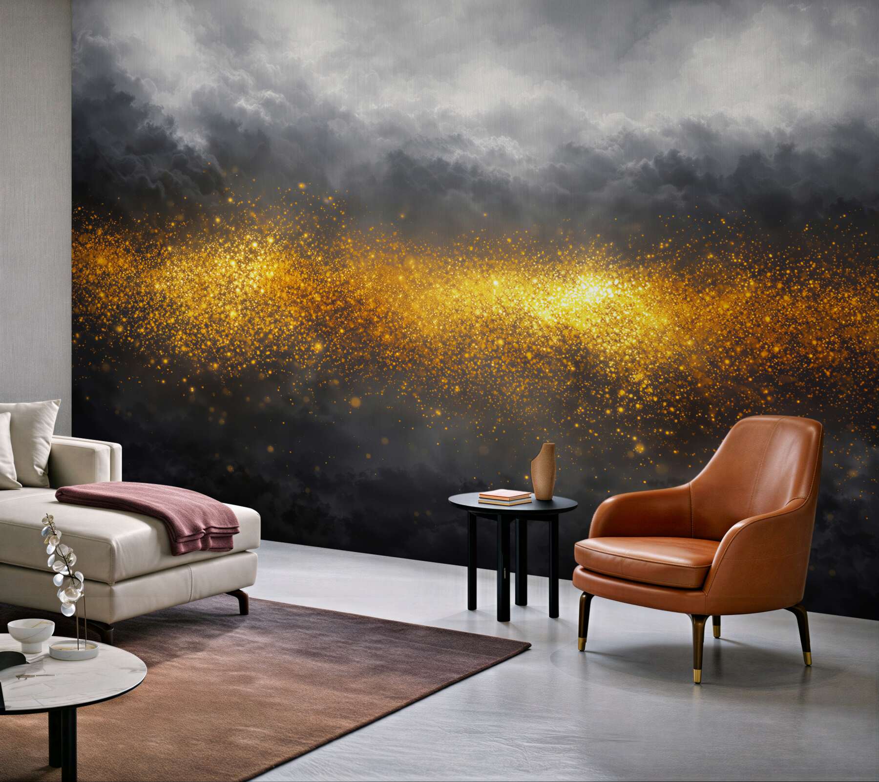 Fototapeta złote światła na tle ciemnych chmur nowoczesna abstrakcja