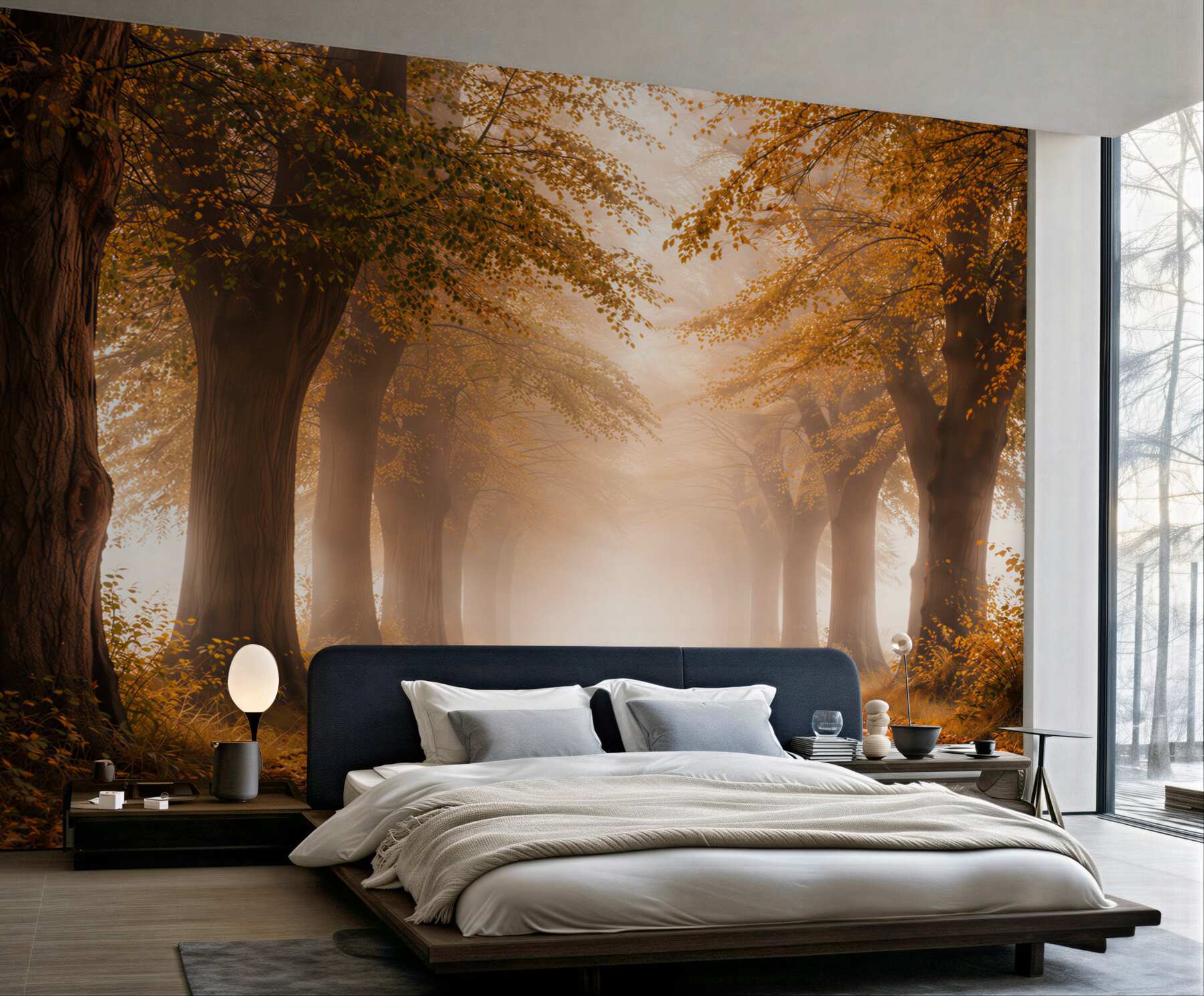 Fototapeta jesienna aleja drzew we mgle klimatyczna