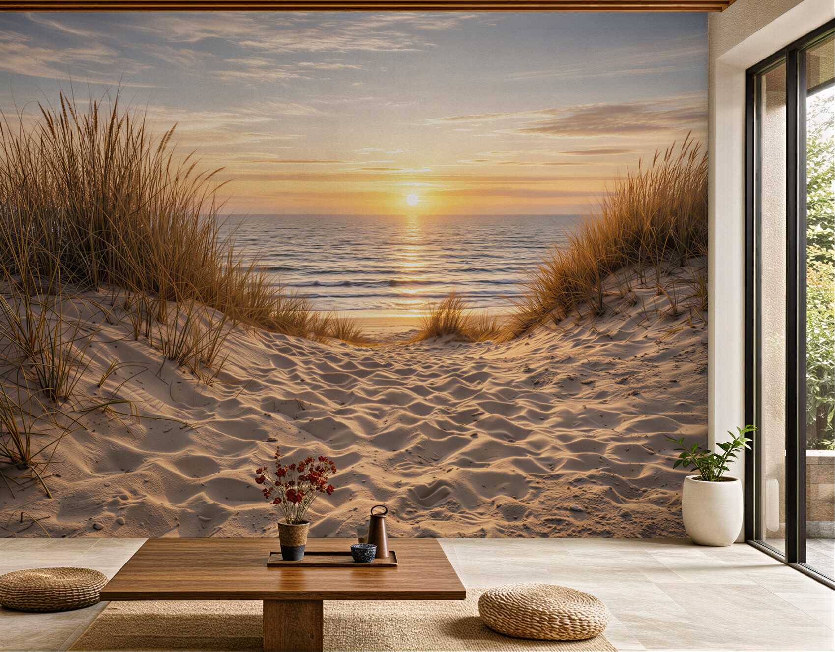 Fototapeta plaża o zachodzie słońca z wydmami i trawą nad morzem
