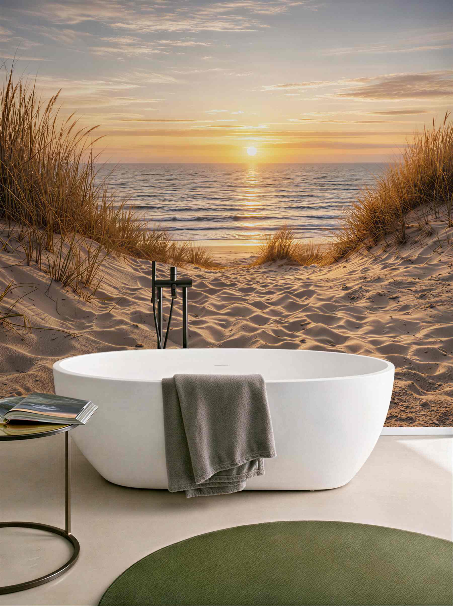Fototapeta plaża o zachodzie słońca z wydmami i trawą nad morzem