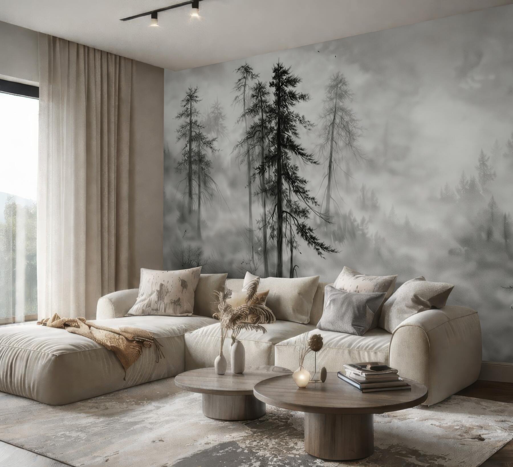 Fototapeta mglisty las w odcieniach szarości nastrojowa