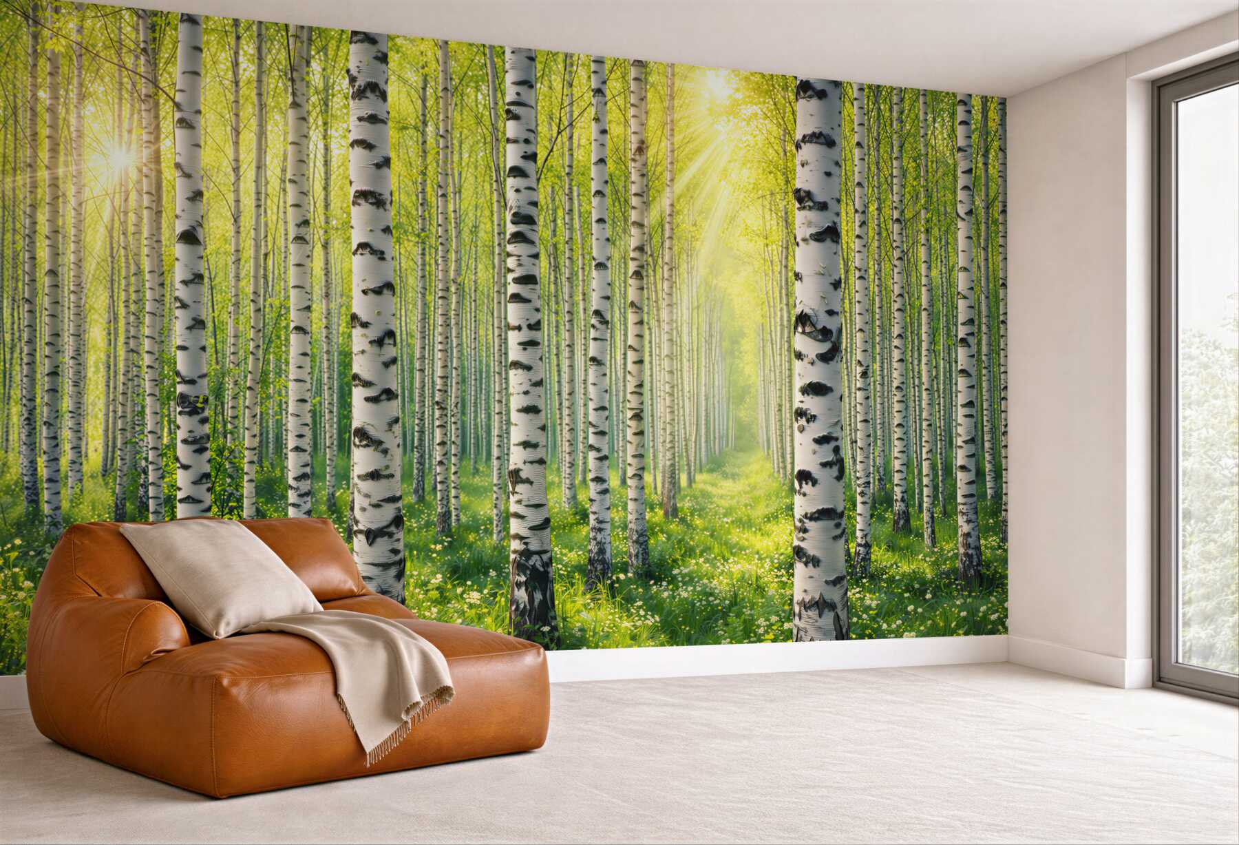 Fototapeta las brzozowy w promieniach słońca świeża wiosenna natura