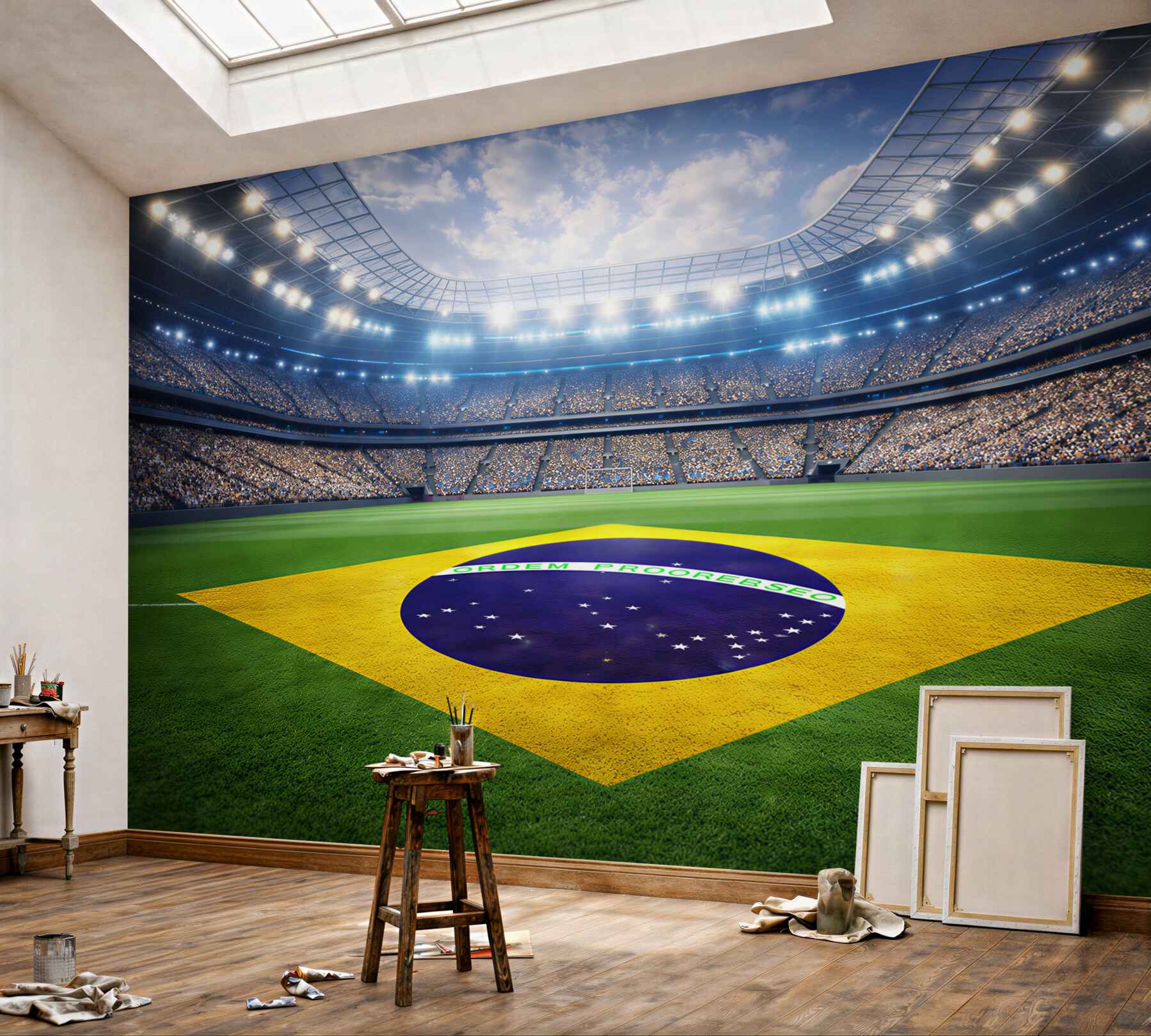 Fototapeta stadion piłkarski z flagą Brazylii dynamiczna sportowa panorama