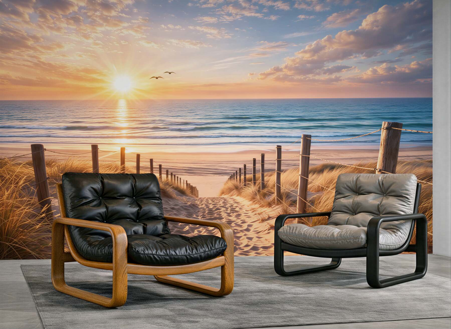 Fototapeta plaża o wschodzie słońca z wydmami i zejściem nad morze