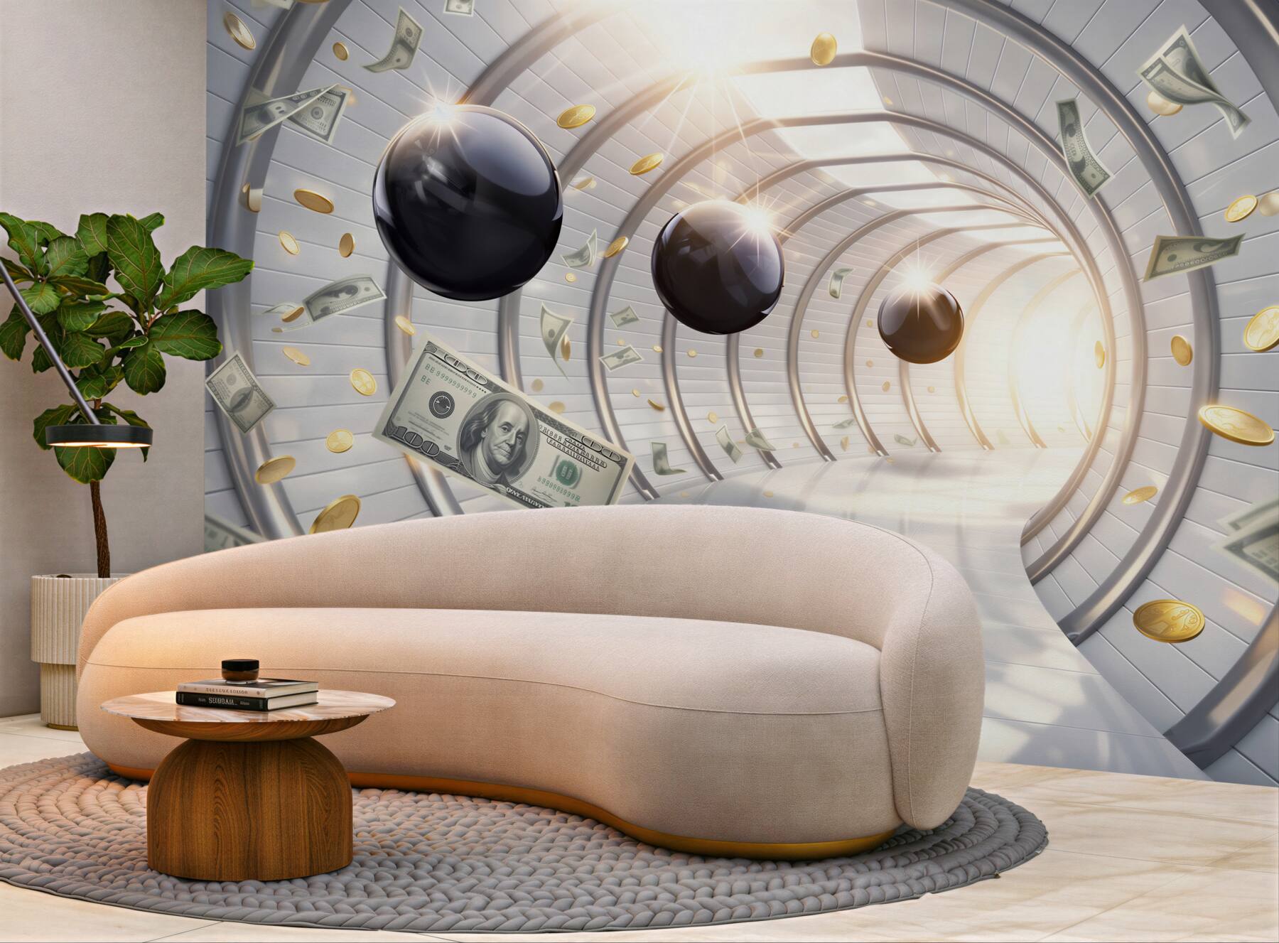 Fototapeta futurystyczny tunel z dolarami i monetami nowoczesna abstrakcja