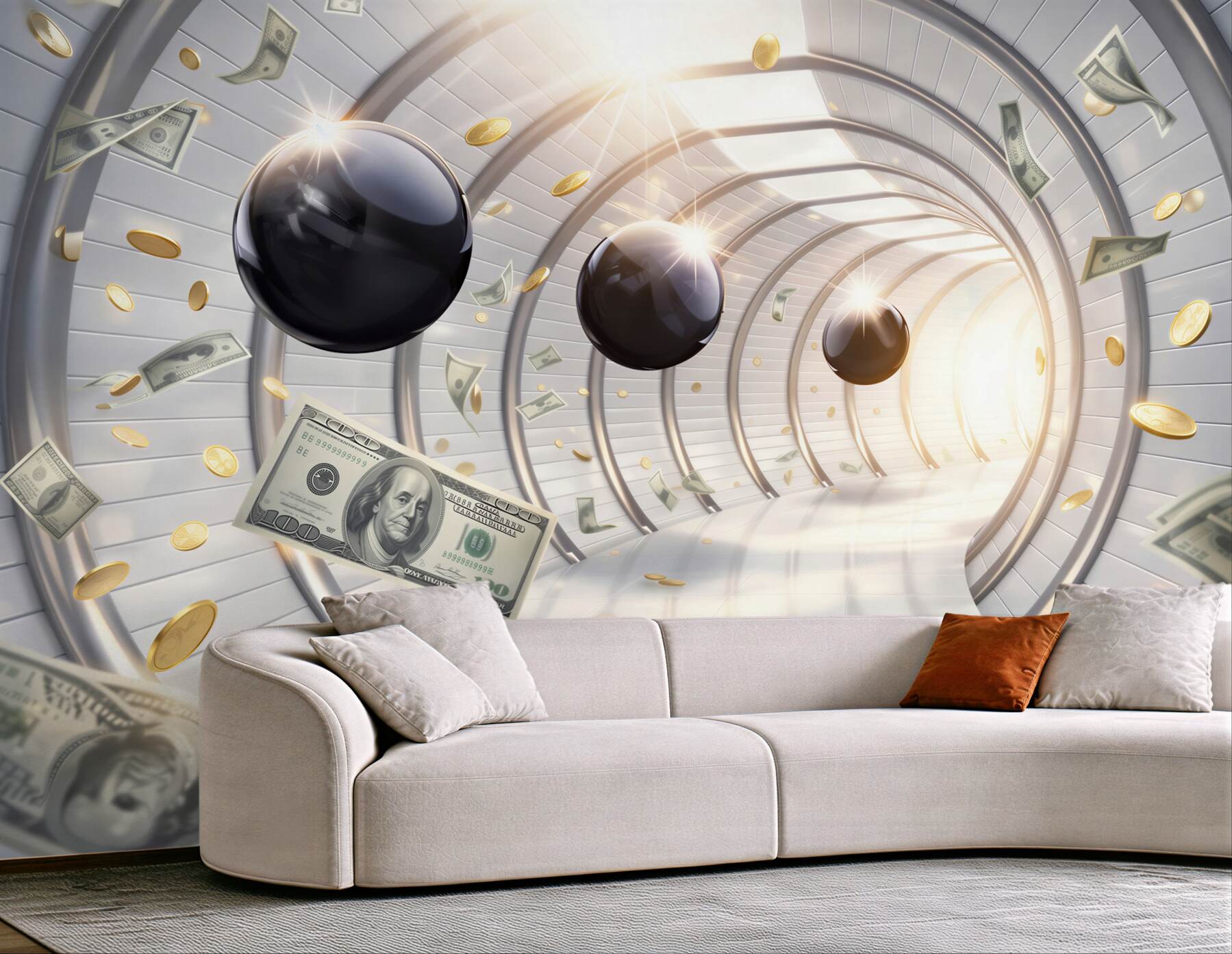 Fototapeta futurystyczny tunel z dolarami i monetami nowoczesna abstrakcja
