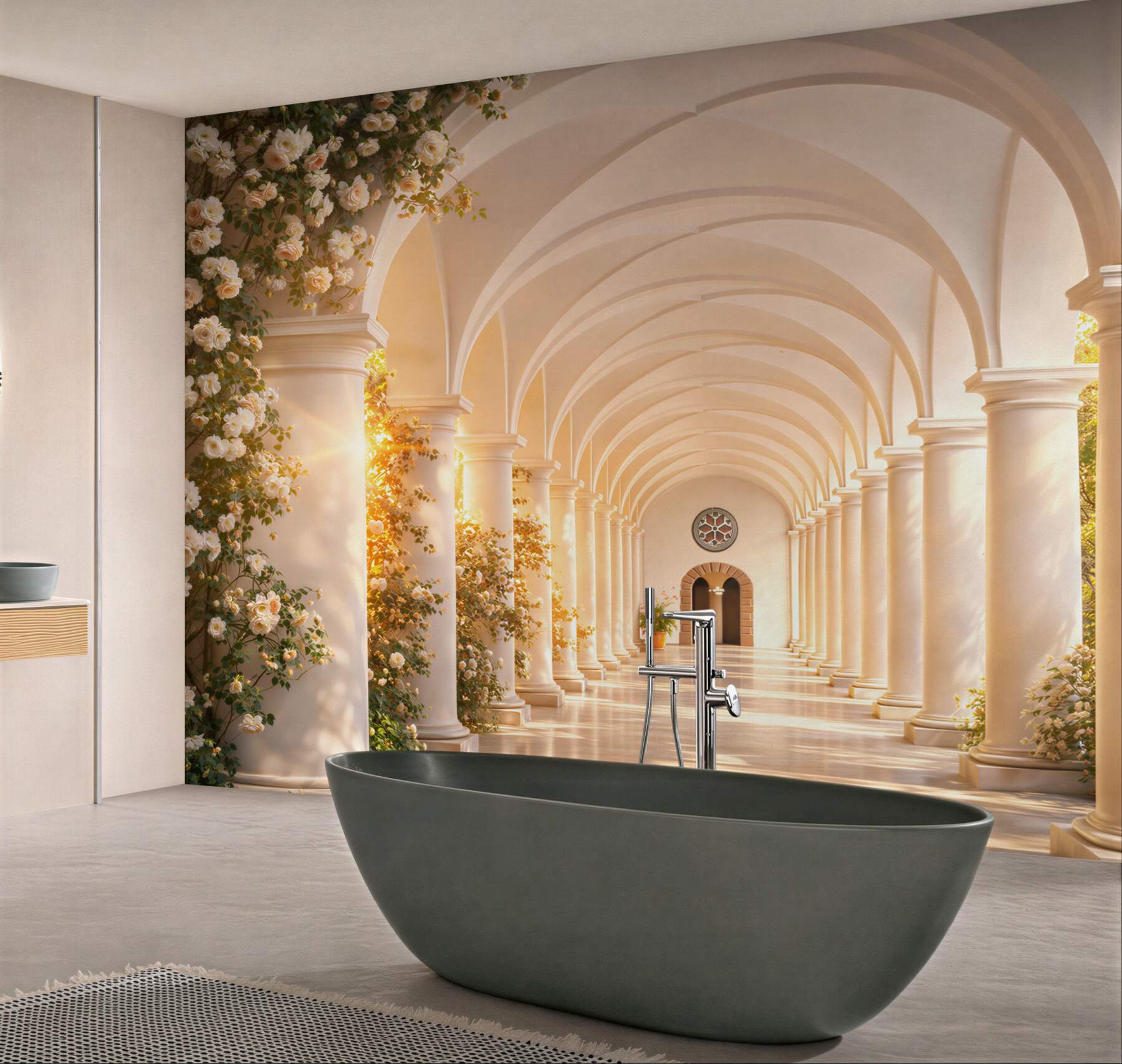 Fototapeta arkadowy krużganek z białymi różami w ciepłym świetle