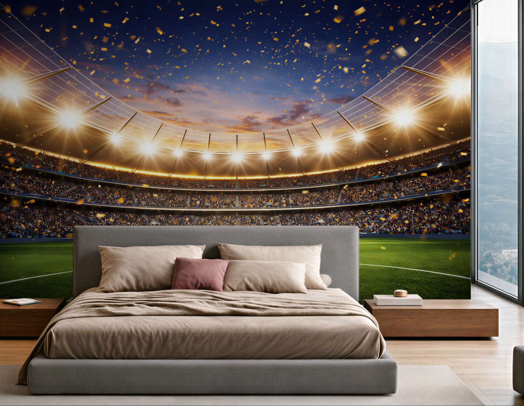 Fototapeta stadion piłkarski nocą z oświetleniem i konfetti