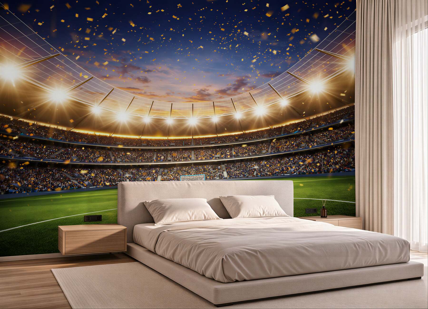 Fototapeta stadion piłkarski nocą z oświetleniem i konfetti