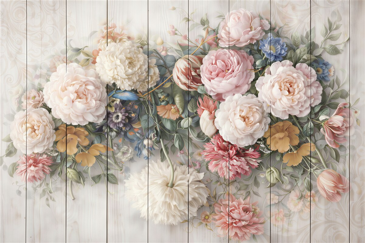Fototapeta romantyczne kwiaty pastelowe na bielonym drewnie shabby chic