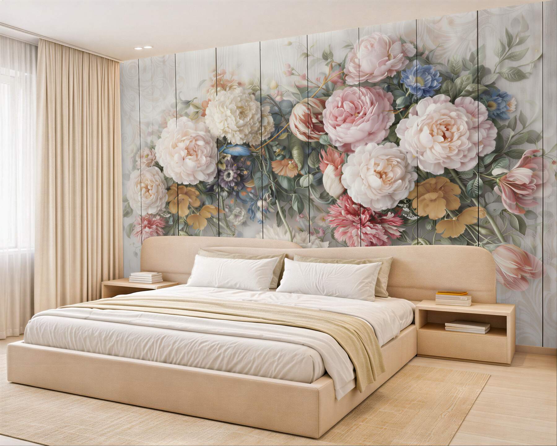 Fototapeta romantyczne kwiaty pastelowe na bielonym drewnie shabby chic