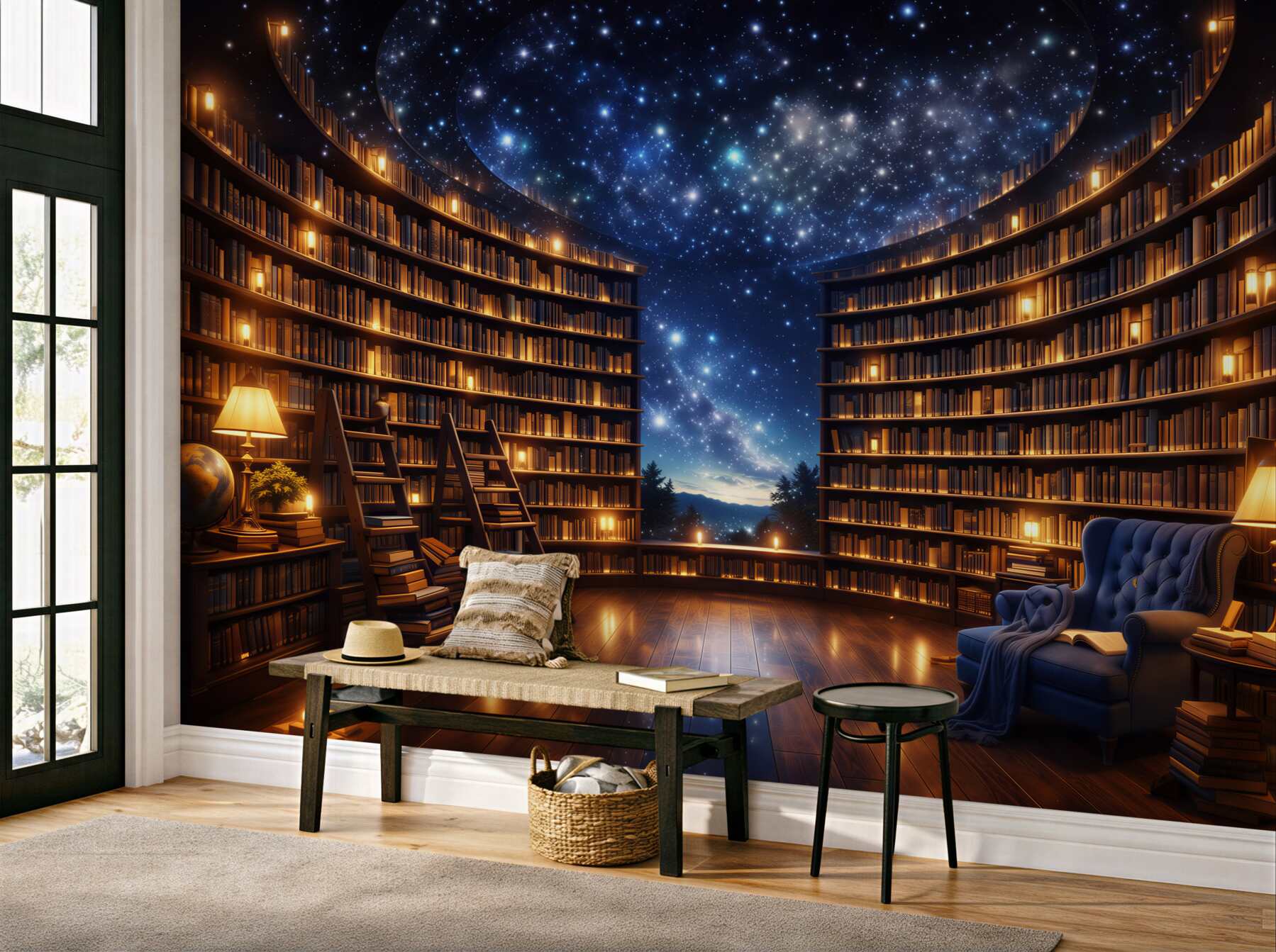 Fototapeta magiczna biblioteka pod gwiaździstym niebem przytulna i nastrojowa