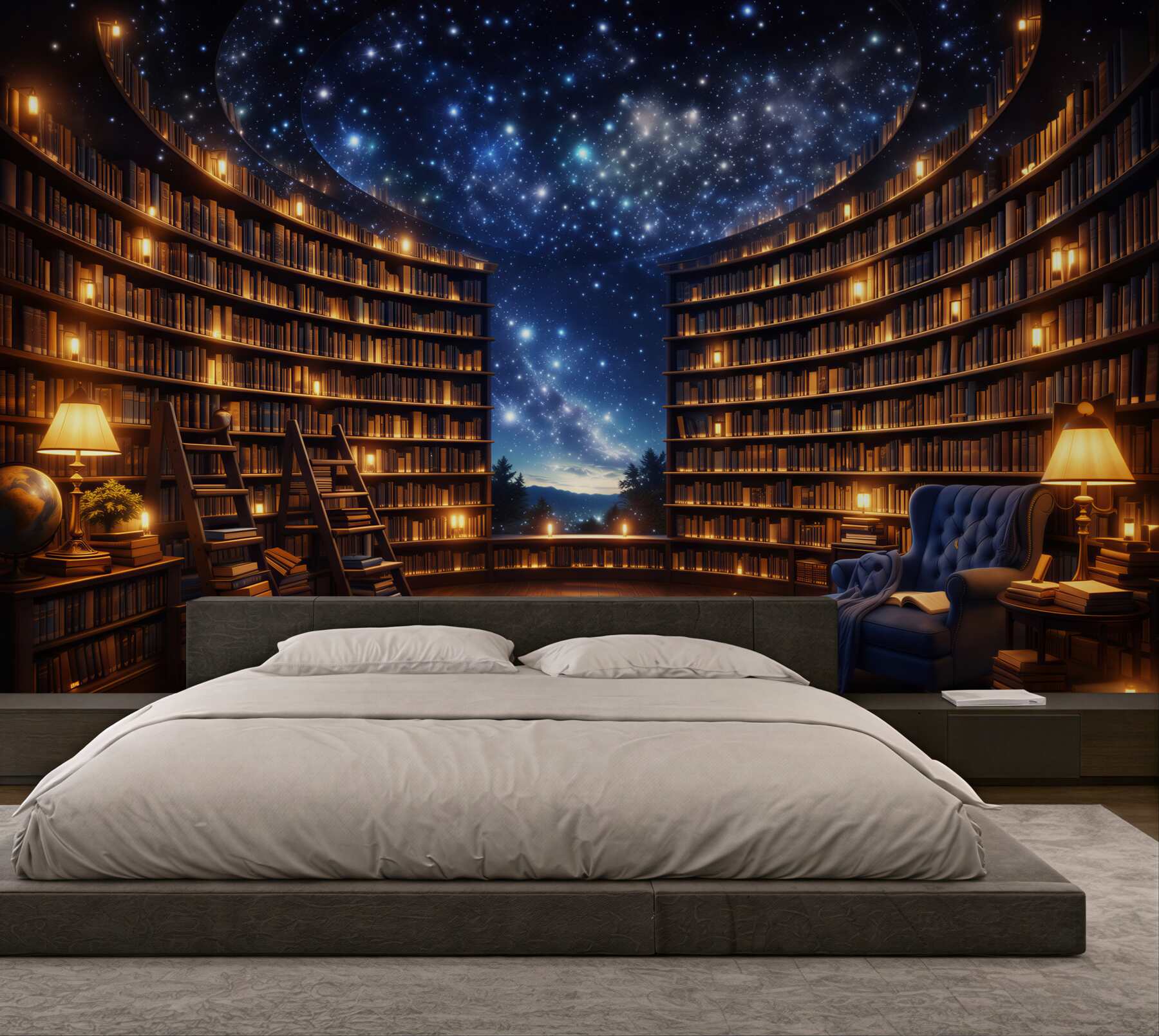 Fototapeta magiczna biblioteka pod gwiaździstym niebem przytulna i nastrojowa