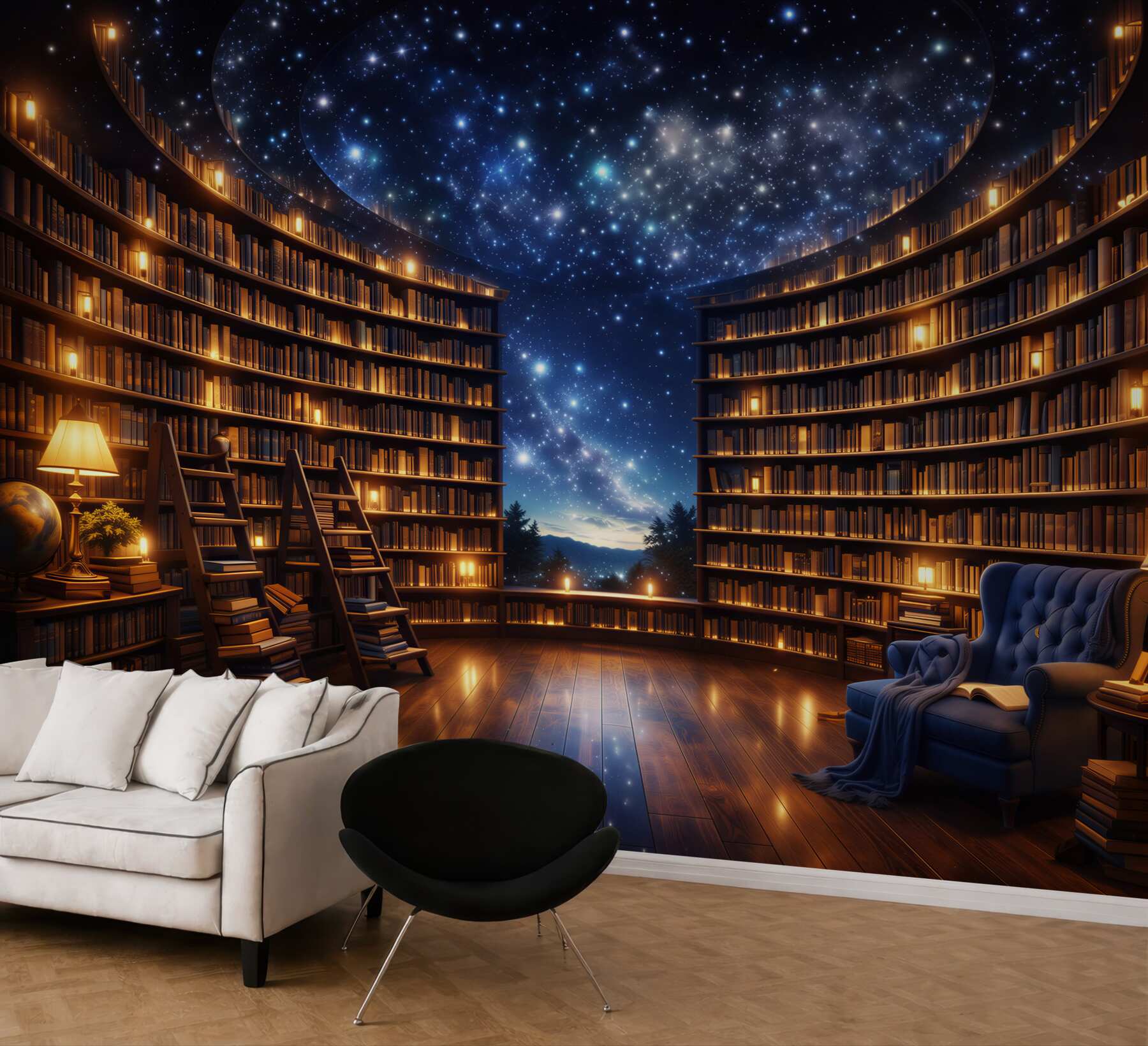 Fototapeta magiczna biblioteka pod gwiaździstym niebem przytulna i nastrojowa