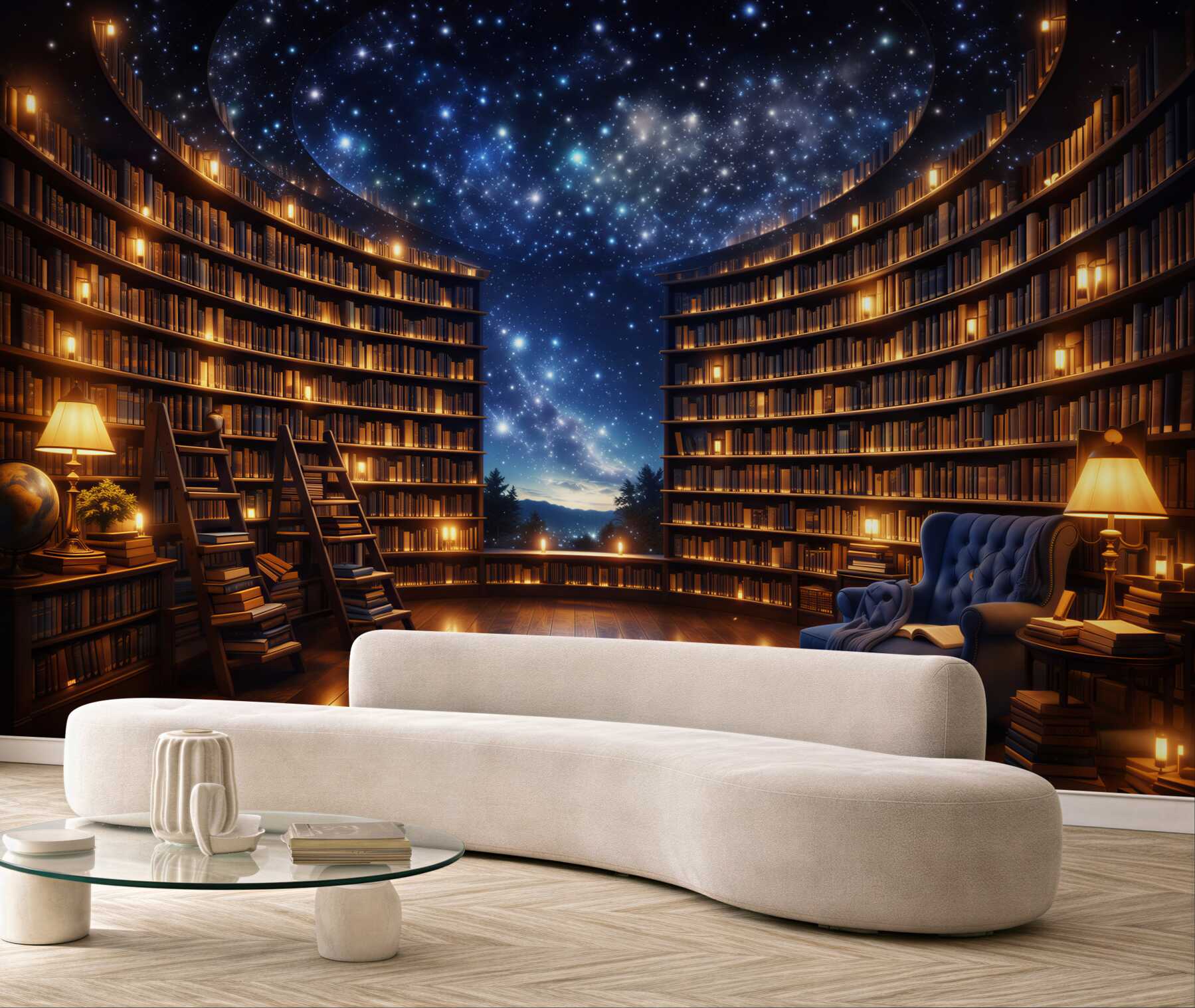 Fototapeta magiczna biblioteka pod gwiaździstym niebem przytulna i nastrojowa
