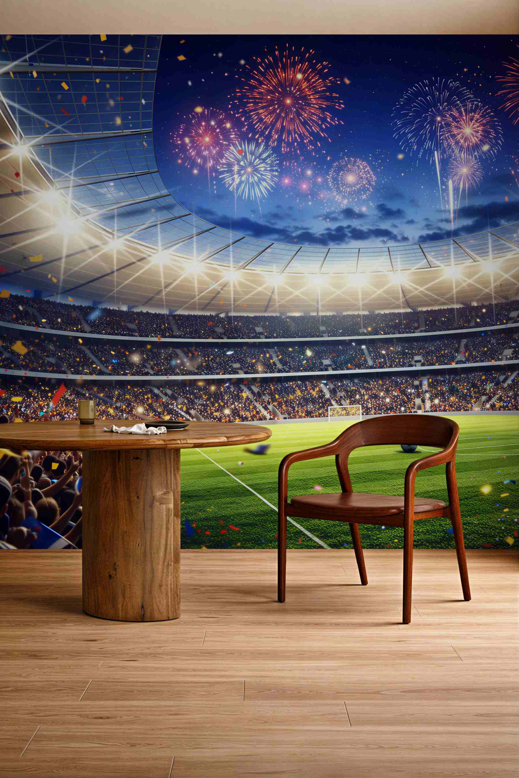 Fototapeta stadion piłkarski z fajerwerkami i tłumem kibiców wieczorna